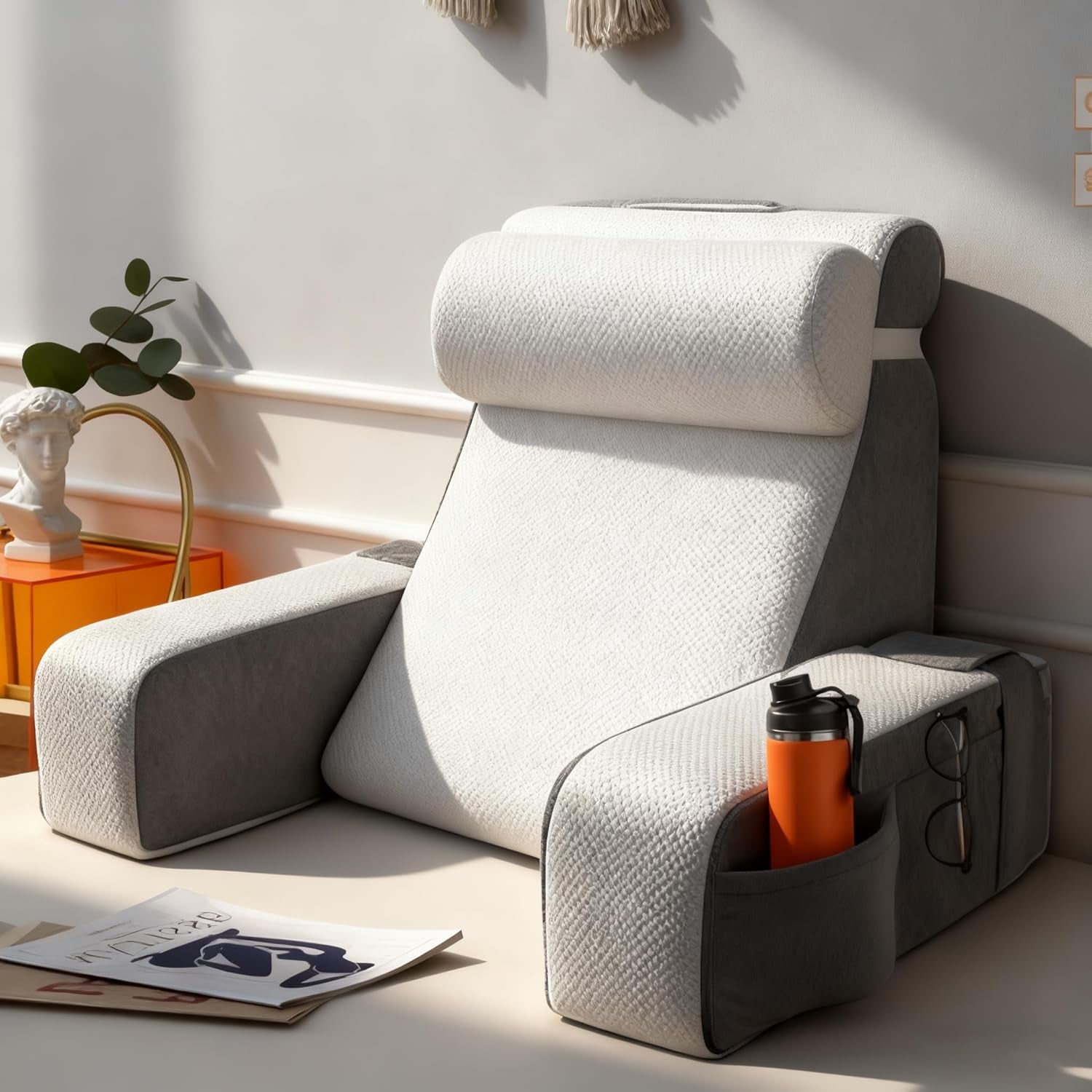 Groot leeskussen met afneembare neksteun en armleuningen, rugkussen voor bed, ergonomisch rugkussen met arm, zak en wasbare hoes voor lezen en tv kijken.