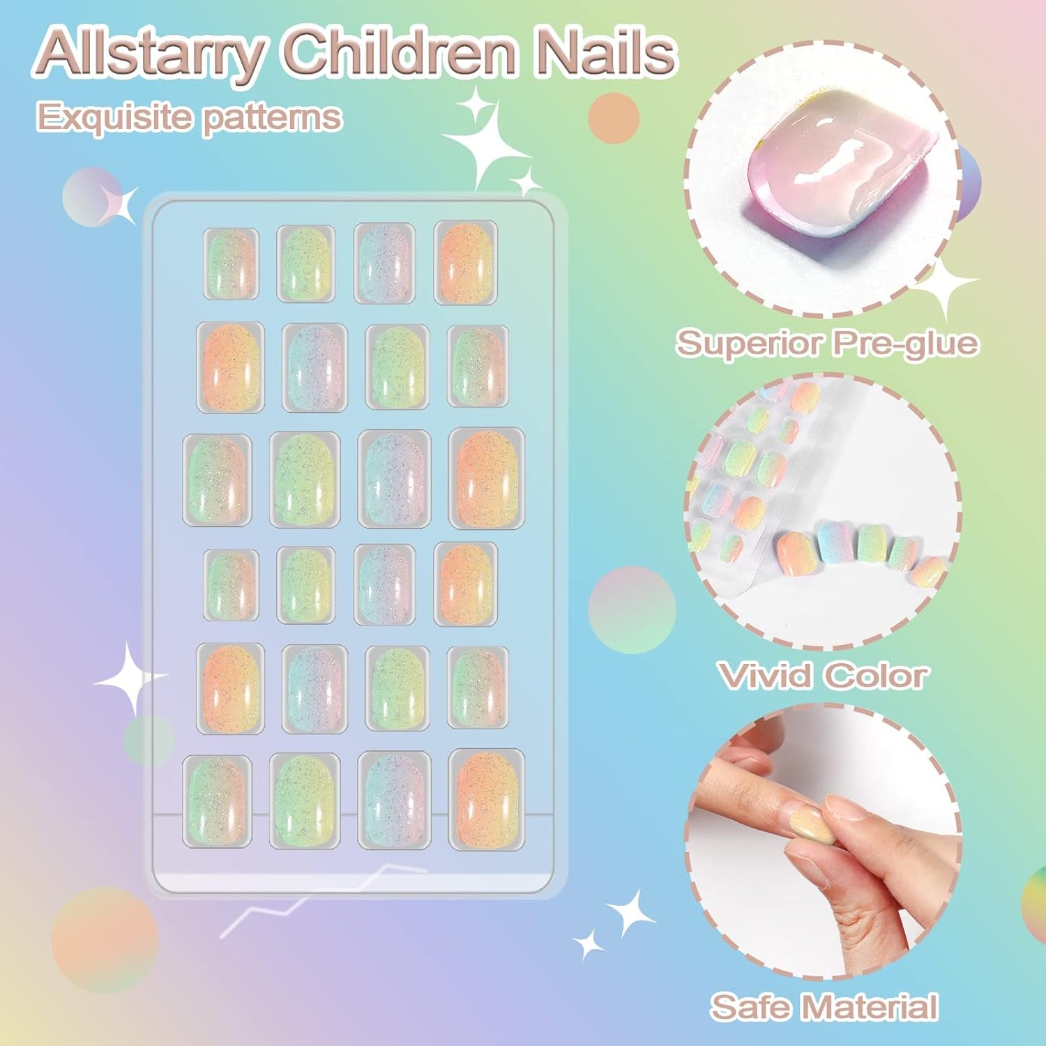 72pcs Voorgelijmde kindernagels Volledige dekking Glitter Kleurverloop Boog Korte kunstnagels Geweldig cadeau voor kinderen Meisjes Nail Art - Regenboogglitter