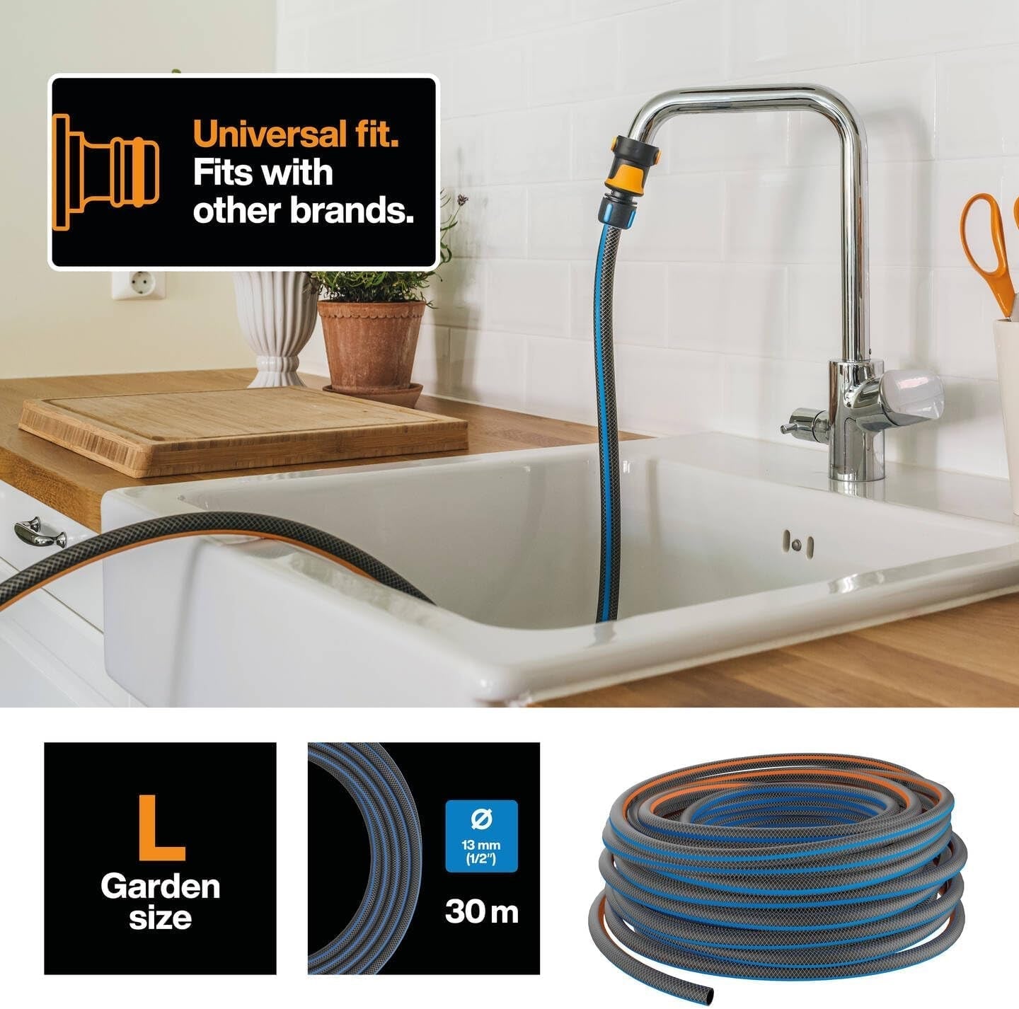 Fiskars L waterslang, UV-bescherming, drukgetest, torsiestijfheidsniveau 4 (van de 5), 30 m, Ø 1,3 cm (1/2"), 4,2 kg, zwart/oranje/blauw, 1027105