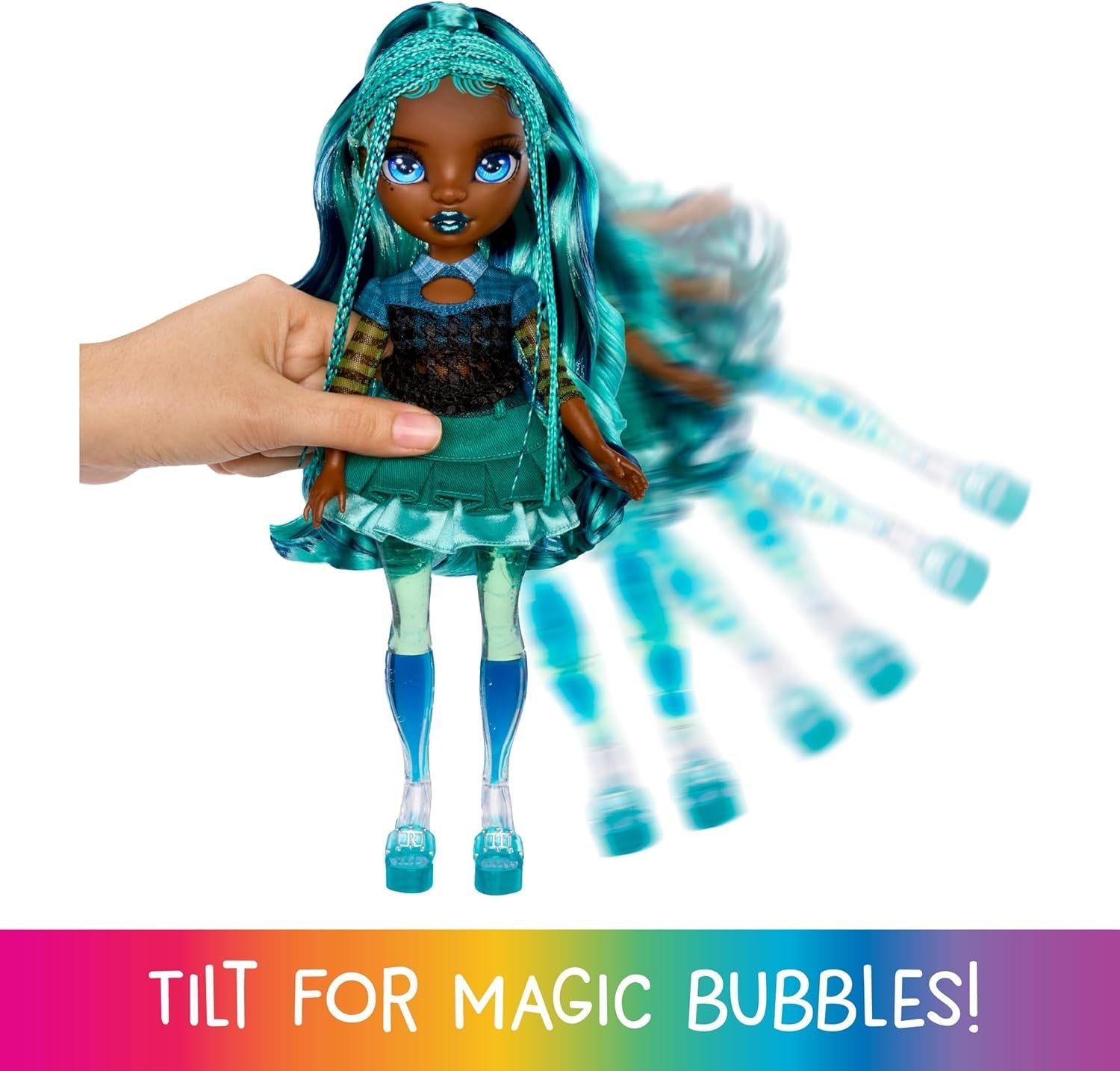 Regenboog Pop met Hoge Sparkle & Shine - Misty - Modieuze pop van 28 cm met turkoois haar en magische bubbels Staande Kleurrijke aankleed- en speelcollectie voor 4-12 jaar