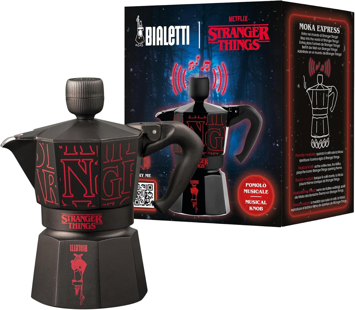 Bialetti Moka Express Stranger Things 3-kops koffiezetapparaat, Muziekknop met USB-C oplaadfunctie, Niet geschikt voor inductiekookplaten, 3 kopjes (130 ml), Zwart