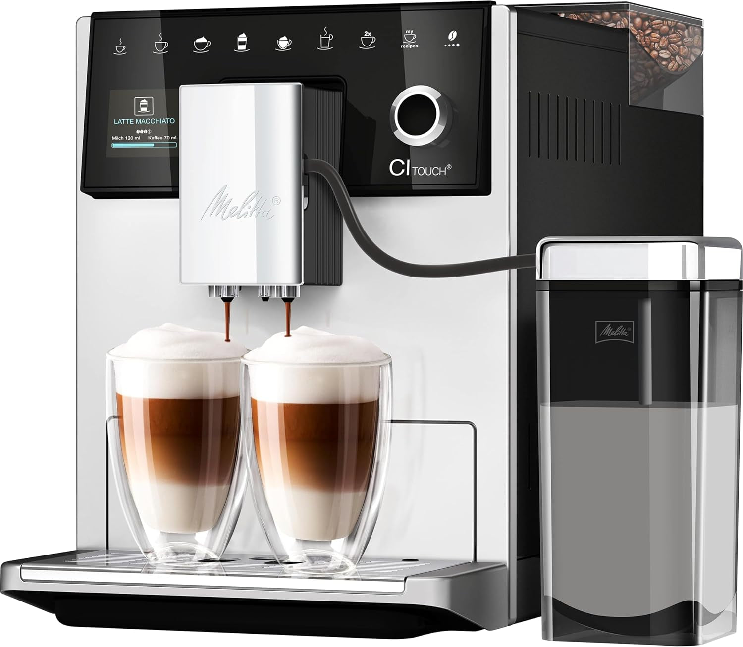 Melitta CI Touch - Volautomatische espressomachine met melksysteem, espressomachine met geïntegreerde koffiemolen en melkopschuimer, b.v. voor espresso of cappuccino, zilver