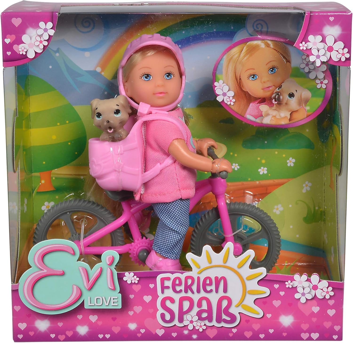 Simba 105733273 - Evi Love Fun Vakantiefietspop met fiets, hond en rugzak, modepop, 12 cm, voor kinderen vanaf 3 jaar