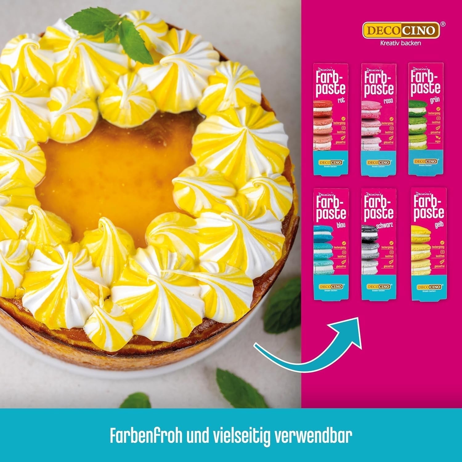 Set van 6 Decocino kleurpasta's - 6 x 20 g - Kleurstof voor levensmiddelen in rood, roze, groen, geel, blauw en zwart, ideaal voor het kleuren van taarten, fondant en crèmes - Azo-vrij en glutenvrij