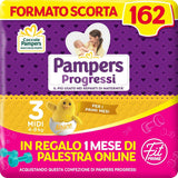 Pampers Progressi & Fit Prime Midi luiers, kort formaat, 162 luiers, maat 3 (4-9 kg), online lidmaatschap van de sportschool voor 1 maand als cadeau