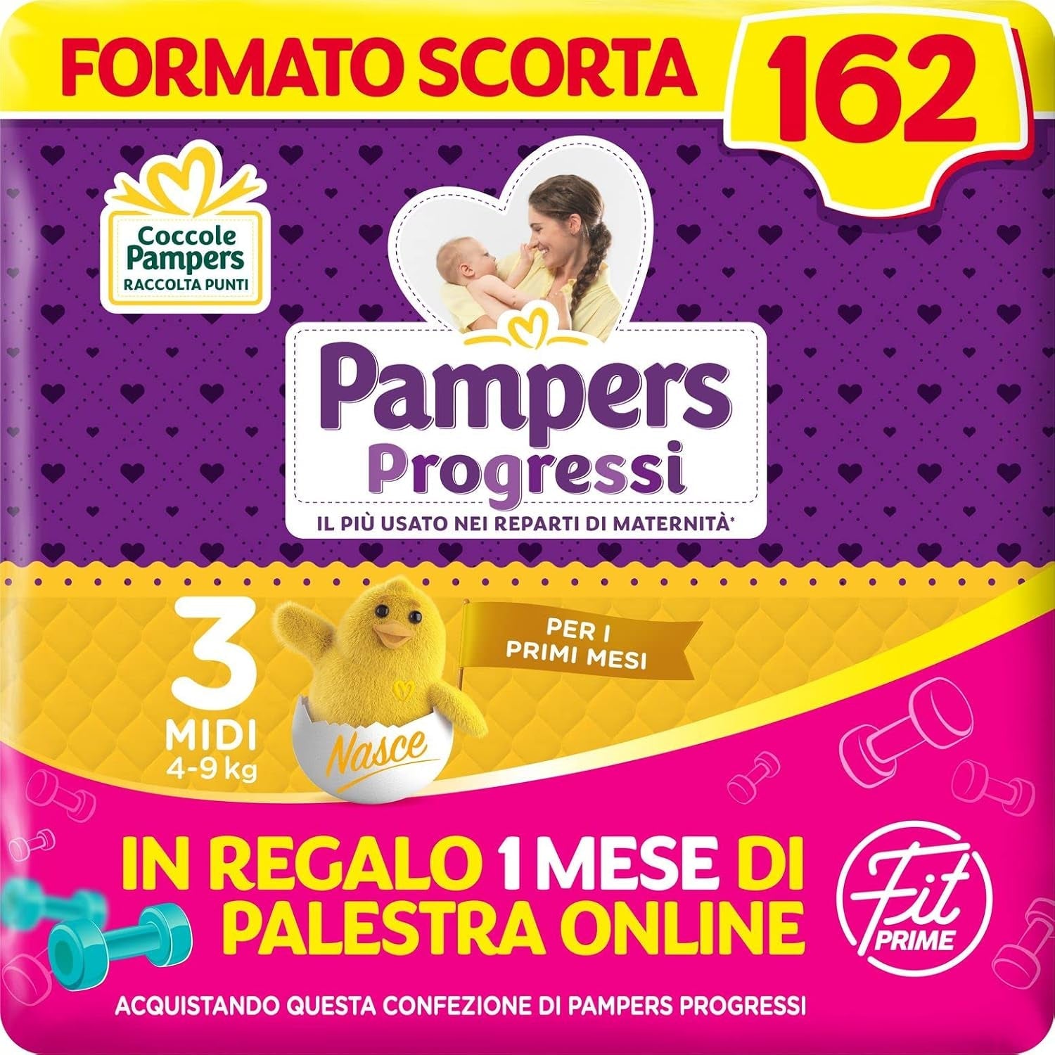 Pampers Progressi & Fit Prime Midi luiers, kort formaat, 162 luiers, maat 3 (4-9 kg), online lidmaatschap van de sportschool voor 1 maand als cadeau