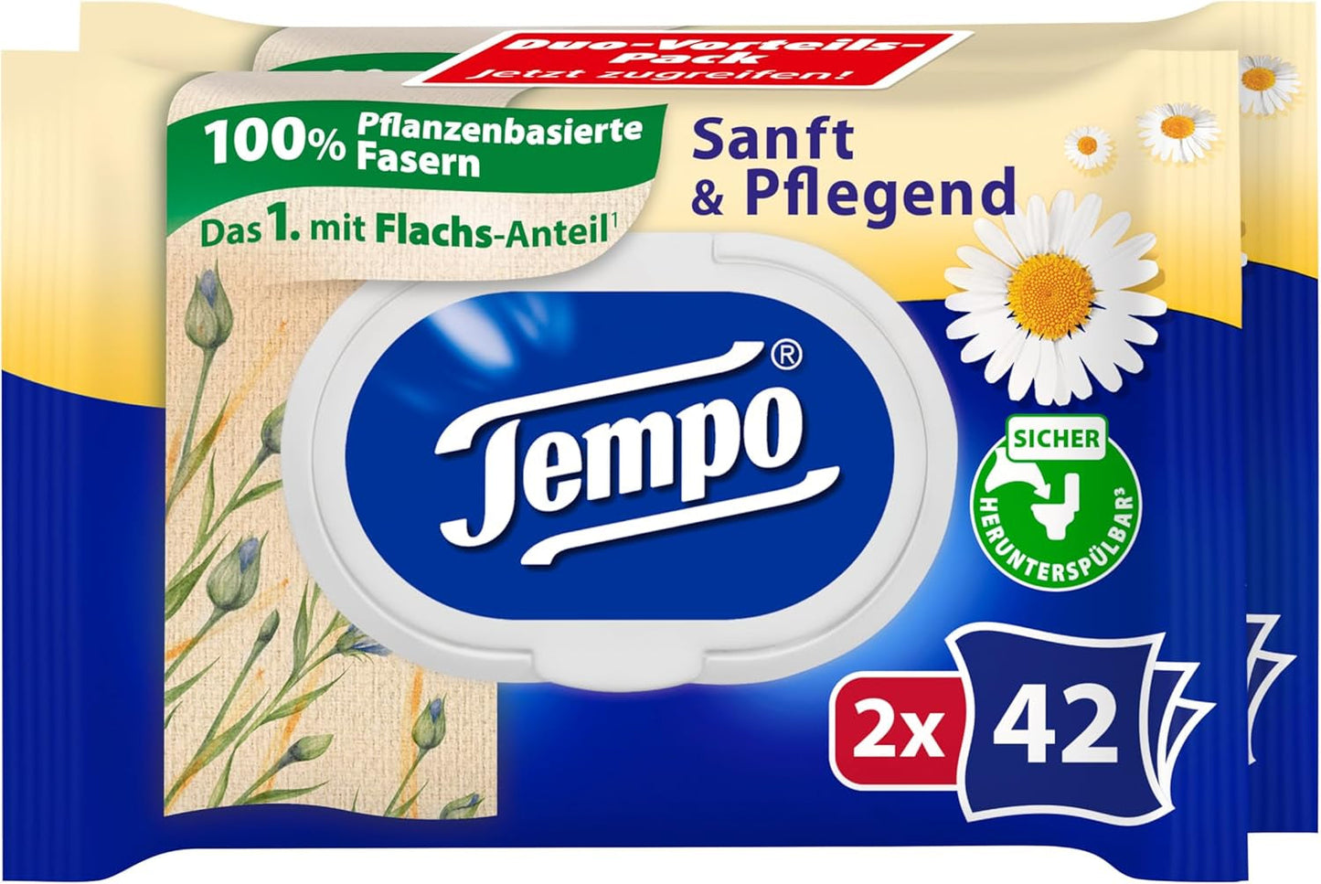 Tempo toiletdoekjes "Gentle & Caring" - Megapack - 16 pakjes van 42 doekjes - Duo Packs - met natuurlijke kamille - toiletpapier, dermatologisch getest en neutraal voor de huidph