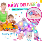 LED-muzikale pluche kat, licht zingend speelgoed, moederkat met 3 kittens in de buik, geanimeerd slaapliedje, rustgevend speelgoed voor moeders, kinderen, kleine meisjes, regenboog, 45 cm
