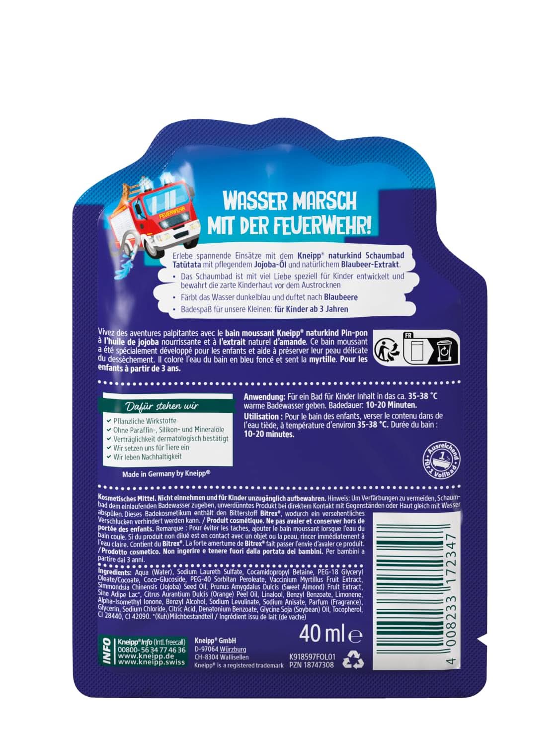 Kneipp Naturkind, badadditief met voedende jojoba-olie en natuurlijk bosbessenextract, fruitige bosbessensmaak, blauw water, 40 ml Douche en bad Naty Shop