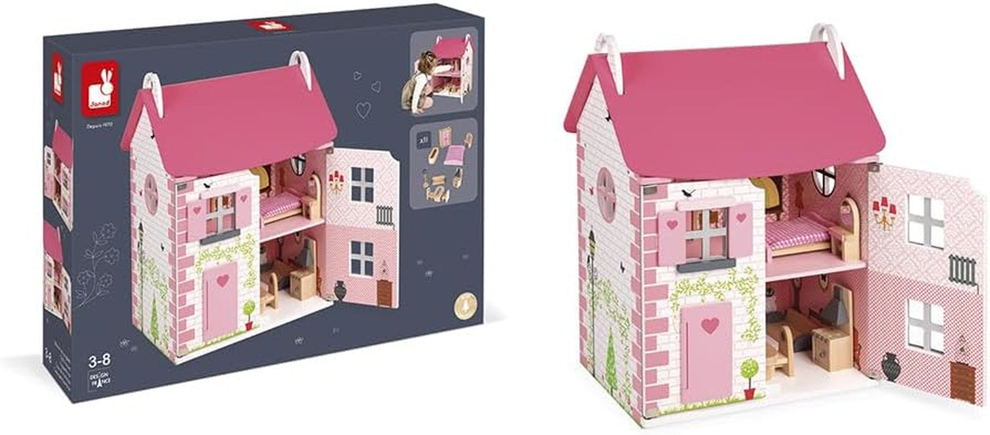Janod - Mademoiselle houten poppenhuis, 3 verdiepingen en 11 accessoires, replica speelgoed, stimuleert de verbeelding, vanaf 3 jaar, J06581, Roze Naty Shop poppenhuizen