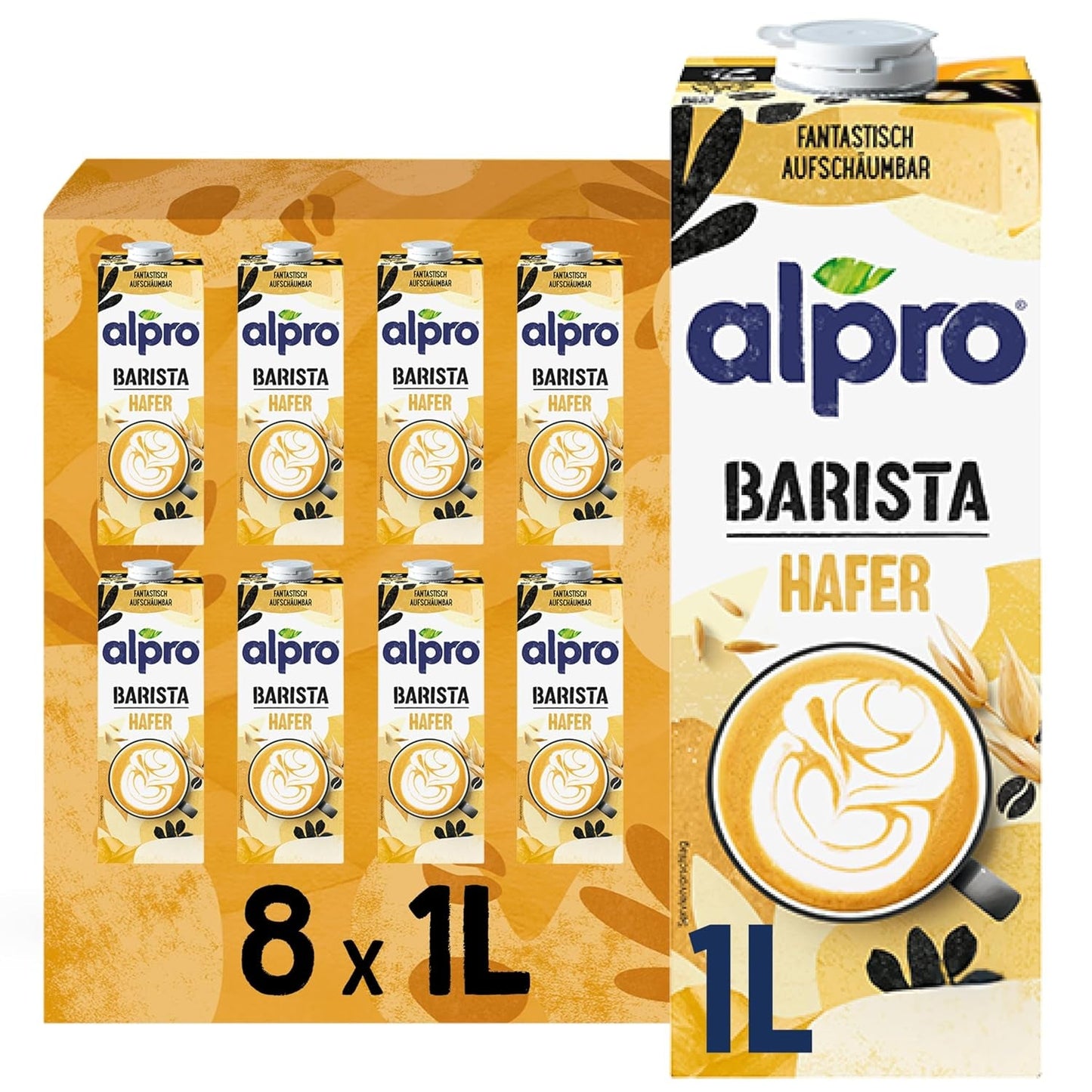 Alpro Barista Haferdrink – Zum Aufschäumen – Vegan en melkvrij – Van Natur aus lactosevrij – Rijk aan ballaststoffen, calcium en vitamines – 8 x 1 L – Haltbar