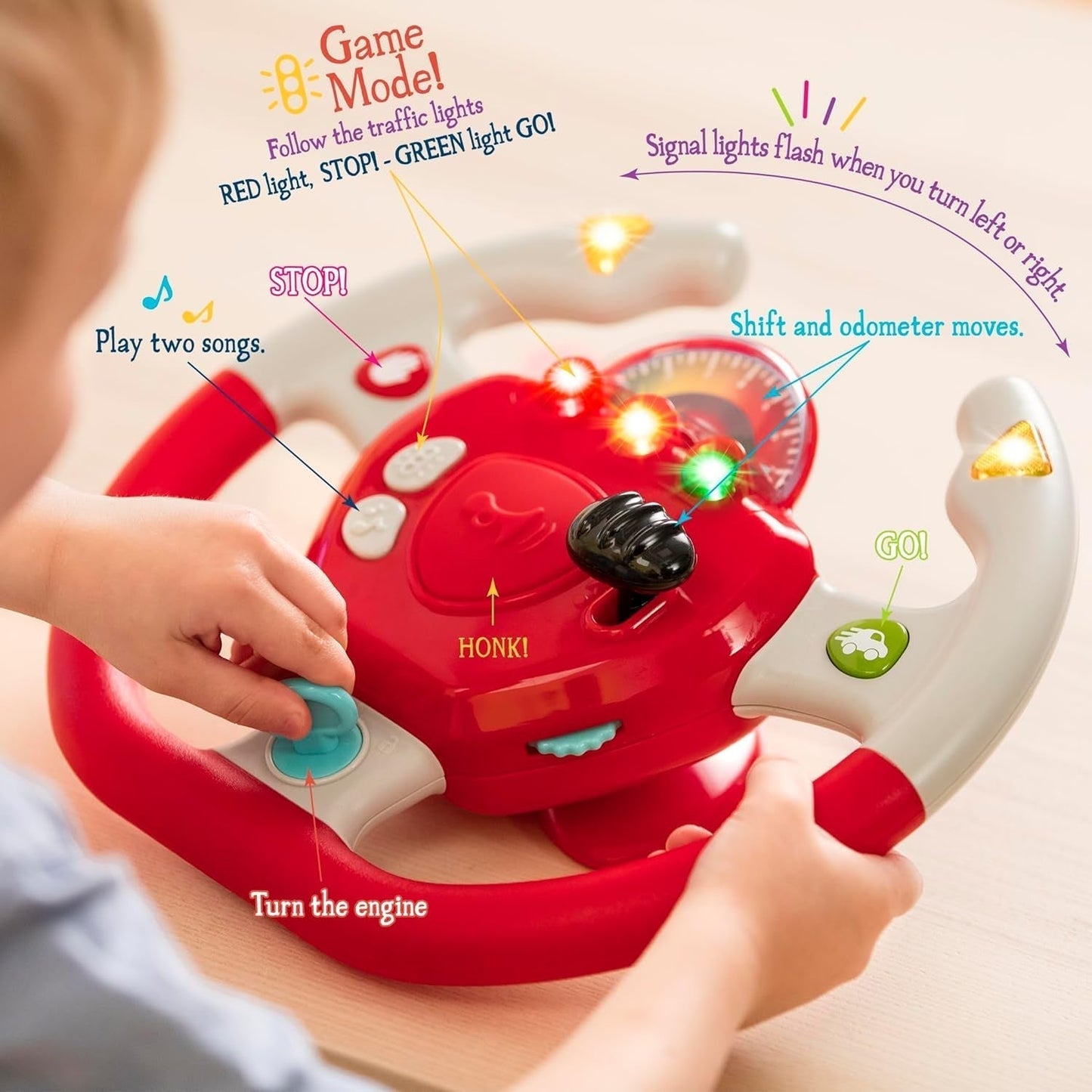 Plastic Battat, BT2525Z interactief stuurwielspeelgoed, ook voor reizen en autoritten met licht en geluid voor kinderen vanaf 2 jaar, rood, compatibel met auto's Bebe Toys Naty Shop