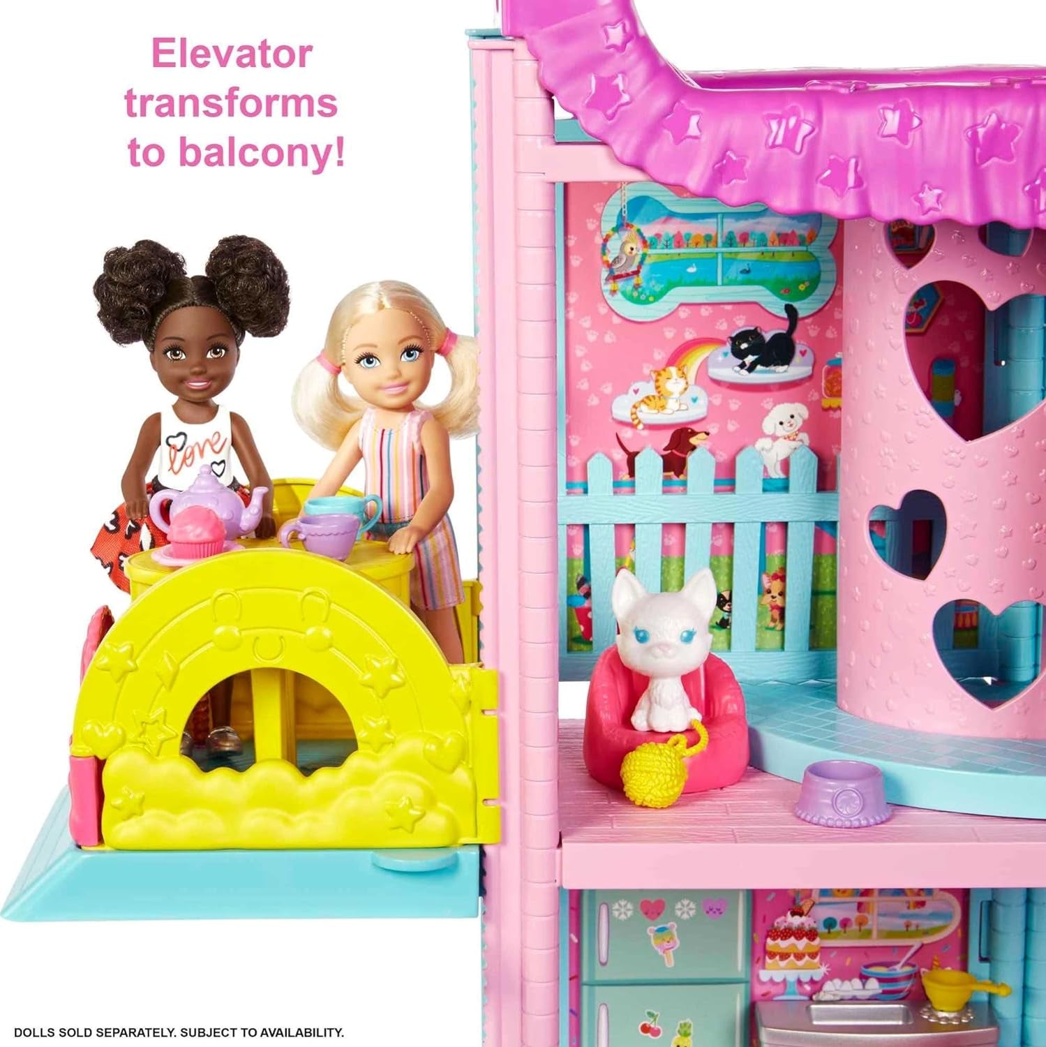 Barbie Chelsea Speelhuis - 3 transformerende verdiepingen, geheime speelplekken, lift, zwembad, glijbaan, 2 huisdieren en 20+ accessoires, voor kinderen vanaf 3 jaar, HHX44 Naty Shop poppenhuizen