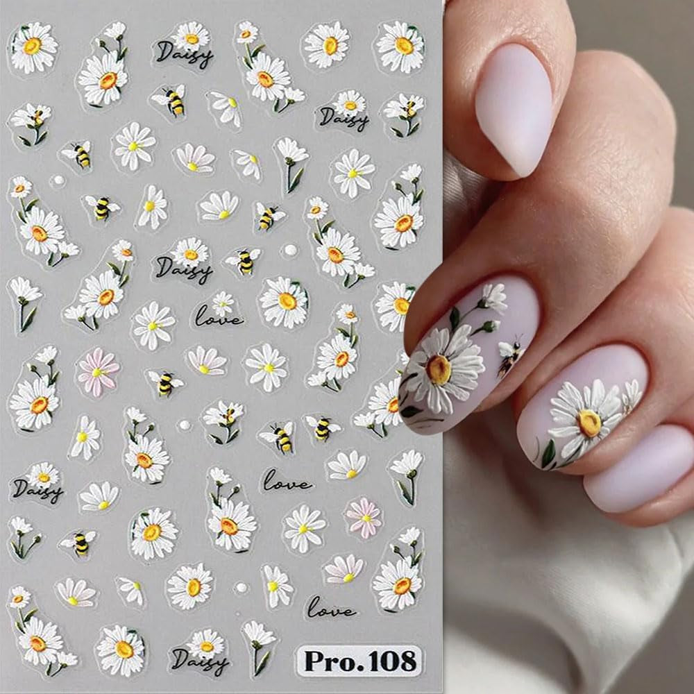 5 Stuks Geprägte Gänseblümchen Nagelsticker Selbstklebend Blumen Nagelaufkleber Gänseblümchen Schmetterling Nagel Sticker Nageldesign Aufkleber Nägel Zubehör Blume Nail Sticker Flower Nail Art Stickers