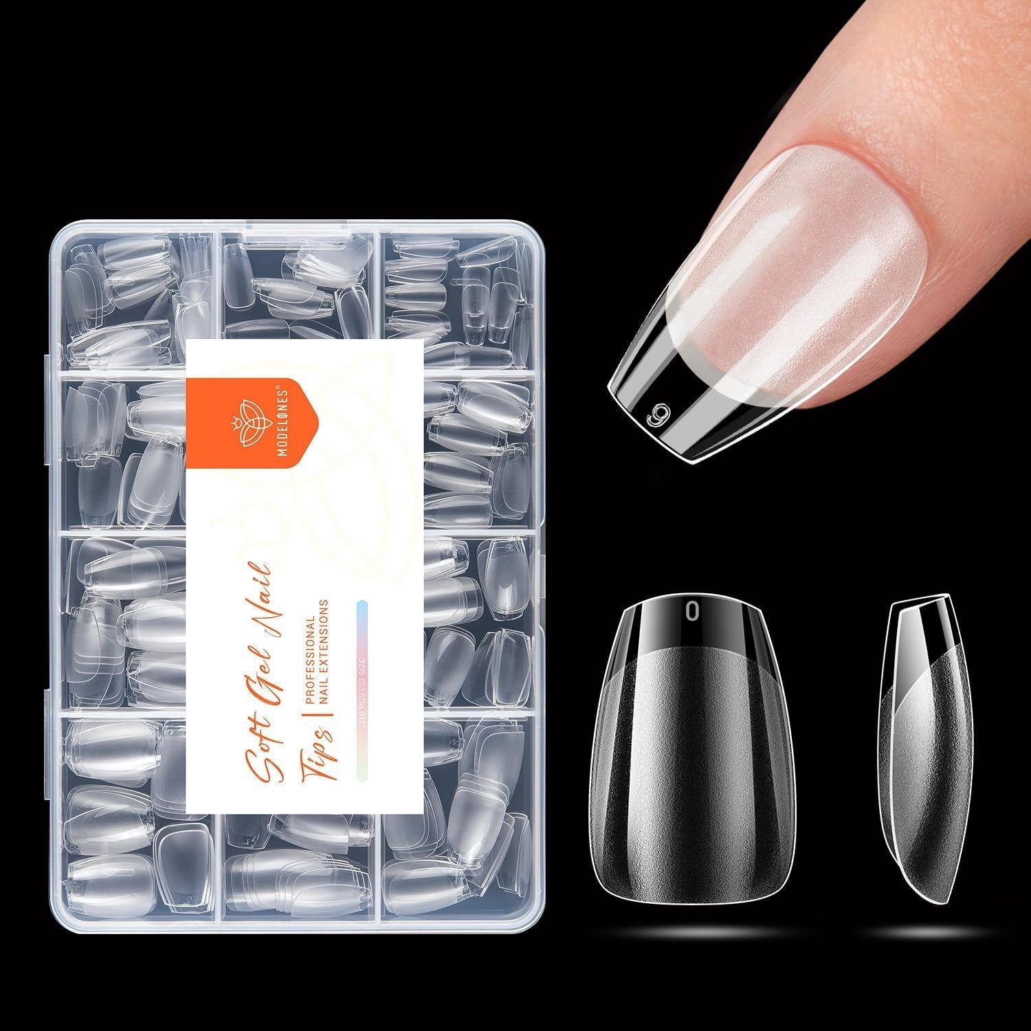 Modelones nageltips 216 stuks - volledige dekking nageltips set, zachte gel tips set, pre-polijsten PMMA hars nageltips, doe-het-zelf lijm op nail art kunstnagels, korte amandelen XS