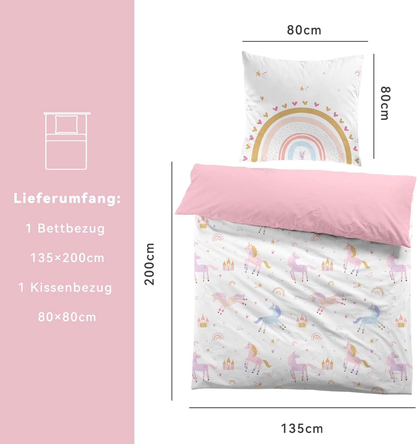 Fekohipy Bettwäsche 135X200 Mädchen Einhorn Kinderbettwäsche Rosa 3D-Druck Mikrofaser Regenbogen Kinder Bettbezug Mit Zwißwerfer en 1 Kissenbezug 80X80Cm 2-Teilige Kinderbettwäsche-Set Naty Shop