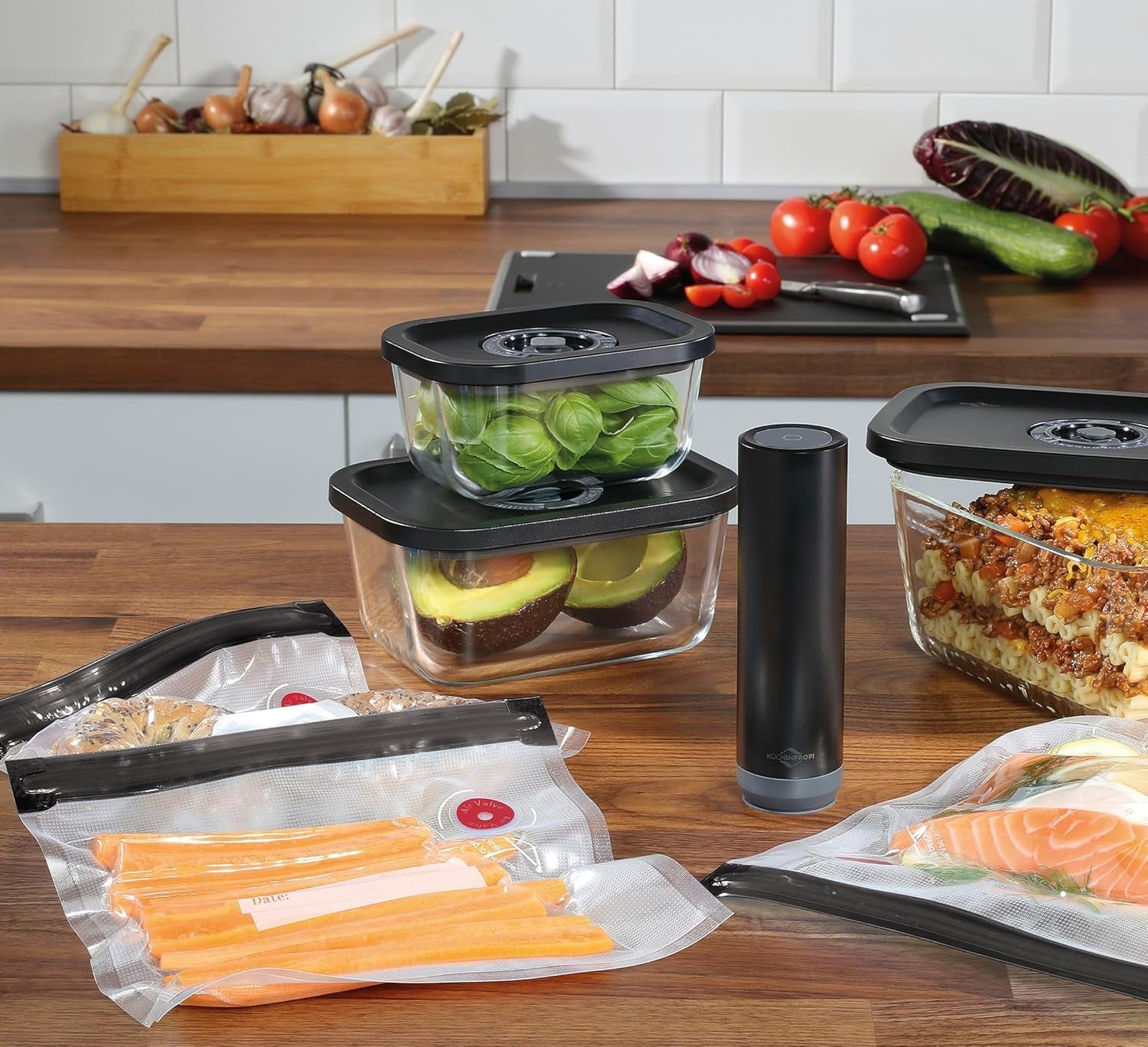 Vacuümset Küchenprofi EASYFRESH | Set van 7 stuks | 1x elektrische vacuümpomp, 1x vacuümpot S, M en L, 3x vacuümzakken 22x21 cm | borosilicaatglas, hoogwaardig kunststof | bereiding en opslag Voedselbewaardozen Naty Shop