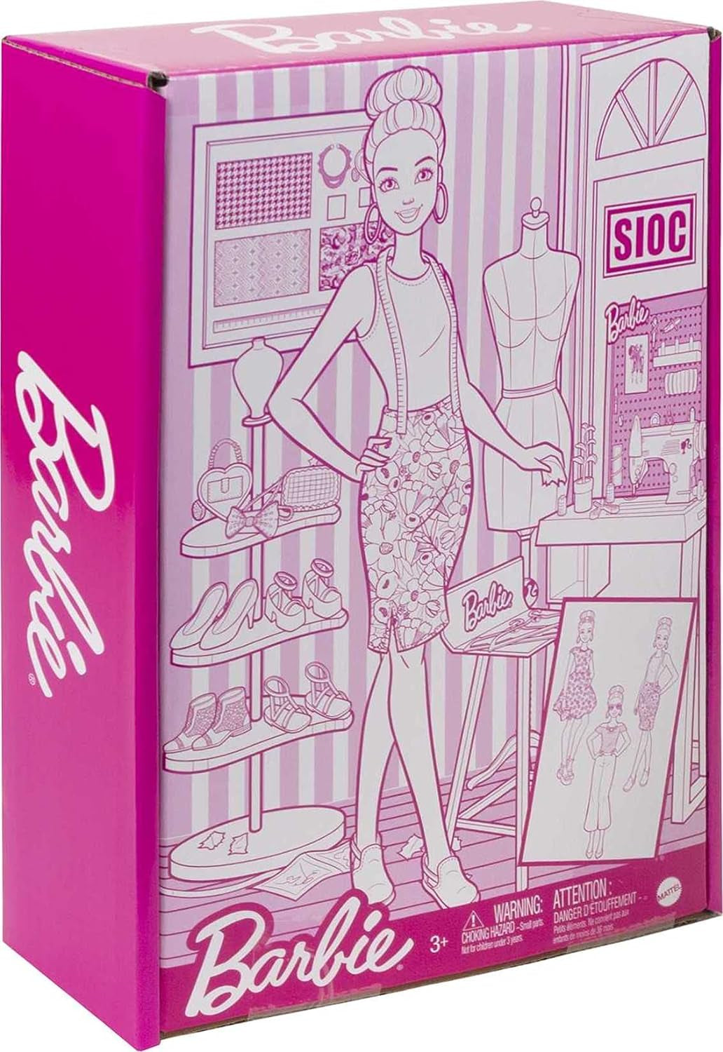 Barbie HDY90 - modeontwerpsterpop (30,40 cm) en atelier, 25+ design- en modeaccessoires, designbureau, stoel, naaimachine, stofmodel, mannequin en meer, speelgoed vanaf 3 jaar Naty Shop Dolls