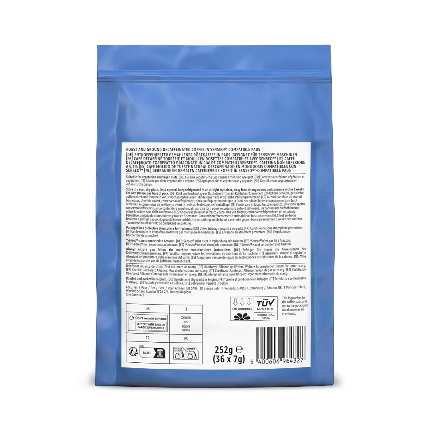 by Amazon Entkoffeinierte 100% Arabica-Kaffeepads, geeignet für Senseo-Maschinen, medium Röstung, 36 Stück (1 Packung mit 36 ​​​​Stück) – Rainforest Alliance-zertifiziert