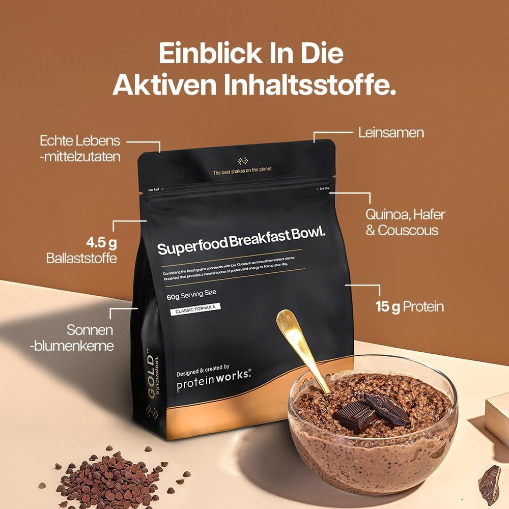 Eiwit werkt | Superfood-ontbijt - GOLD Innovation, bekroonde ontbijtgranen, eiwitmuesli, voedingsrijk met granen, zaden en haver, vezelrijk, appel en kaneel, 10 porties, 600 g