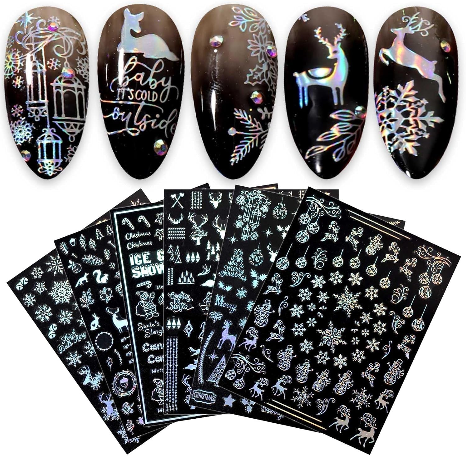9 Blatt Nagelsticker Weihnachten Nagelaufkleber Selbstklebend Weiß Rentier Schneemann Nail Art Sticker Decoratie Nageldesign Zubehör