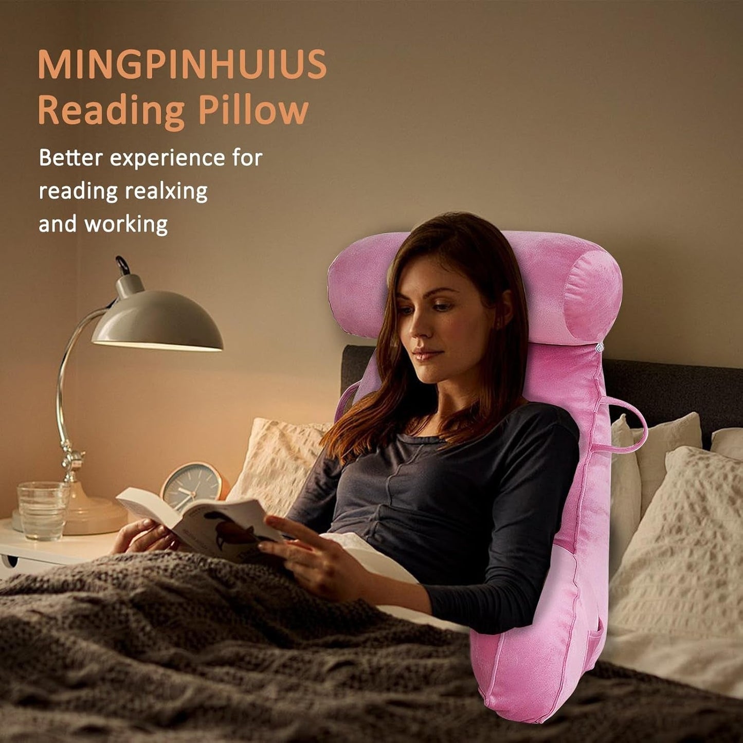 XL-leeskussen voor bed en bank met afneembare nekrol, ideaal rugkussen voor volwassenen met traagschuim voor comfortabel lezen, werken, spelen, tv kijken, ontspannen (roze)
