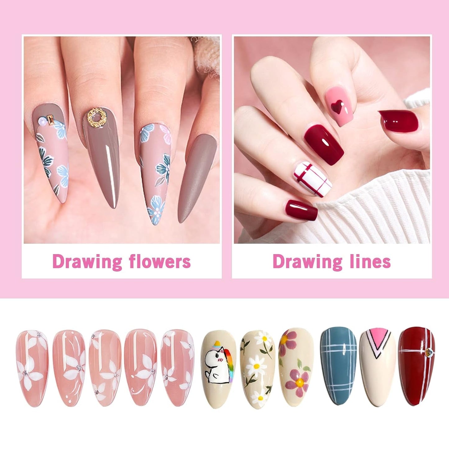 Sullarpek Nail Art Liner Pinsel, 5 Stück Profi Detail Fine Nails Gel Nails Brush, Nagel Pinsel Dünn Für Beauty Frauen Nagelstudio (5 Größen, Rosa)