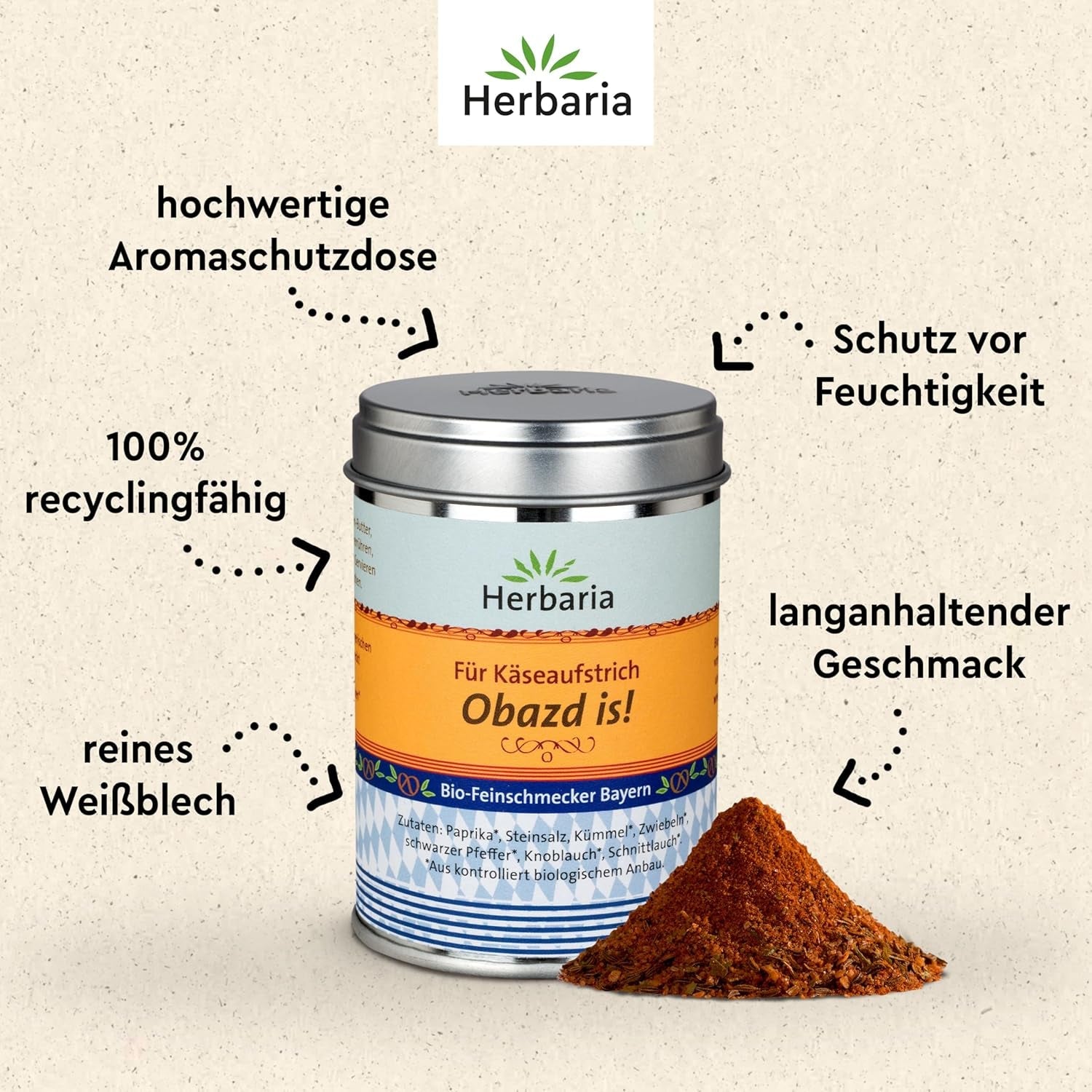 Herbaria Obazd wel! bio 90g M-Dose – Bio-Gewürzmischung bayerischen Biergartenklassiker Obazda – voor Brotaufstriche, Käsegerichte, Käsefondue – Raclette Gewürz - in nachhaltiger Aromaschutz-Dose