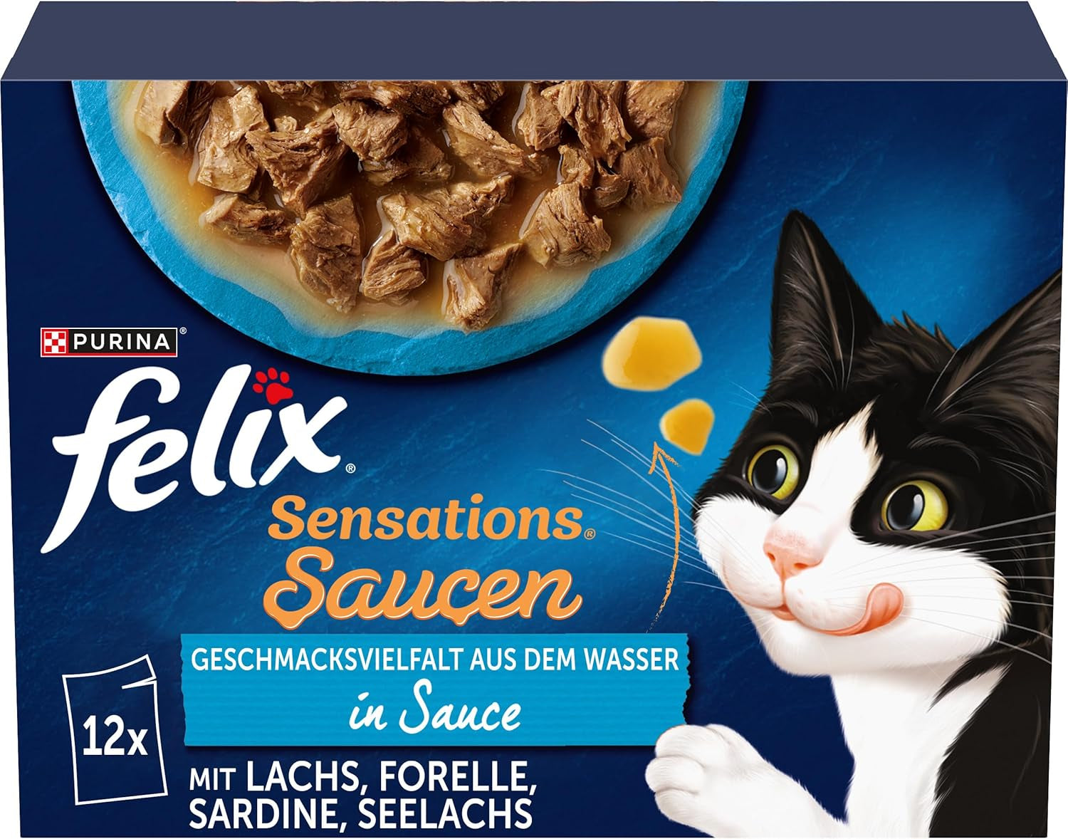 Felix Sensations Sauzen Nat kattenvoer, diverse vismix, verpakking van 6 (6 x 12 zakjes van elk 85 g)