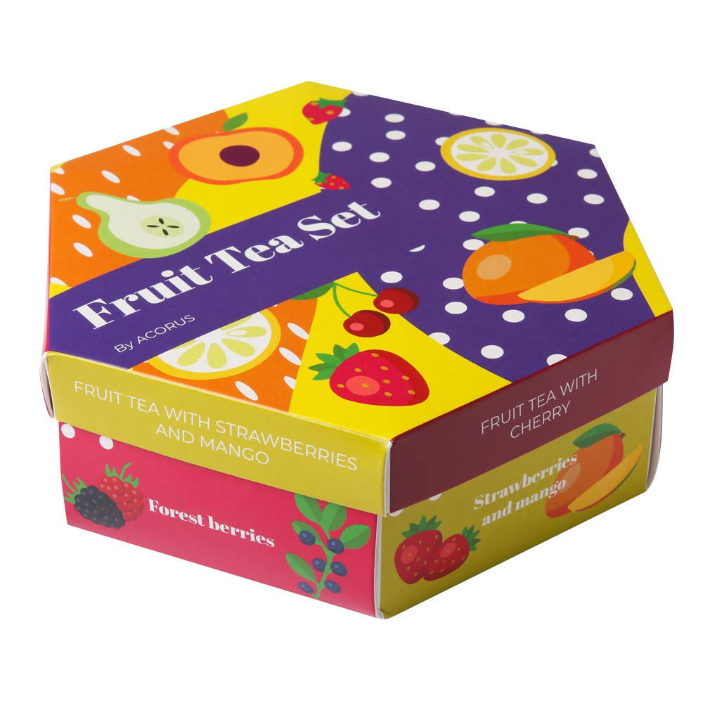 ACORUS | Luxe fruittheeservies | Cadeauset met natuurlijke theeën in 6 smaken | Kruidenthee, vruchtenthee | Assortiment thee | Theedoos met 60 theezakjes