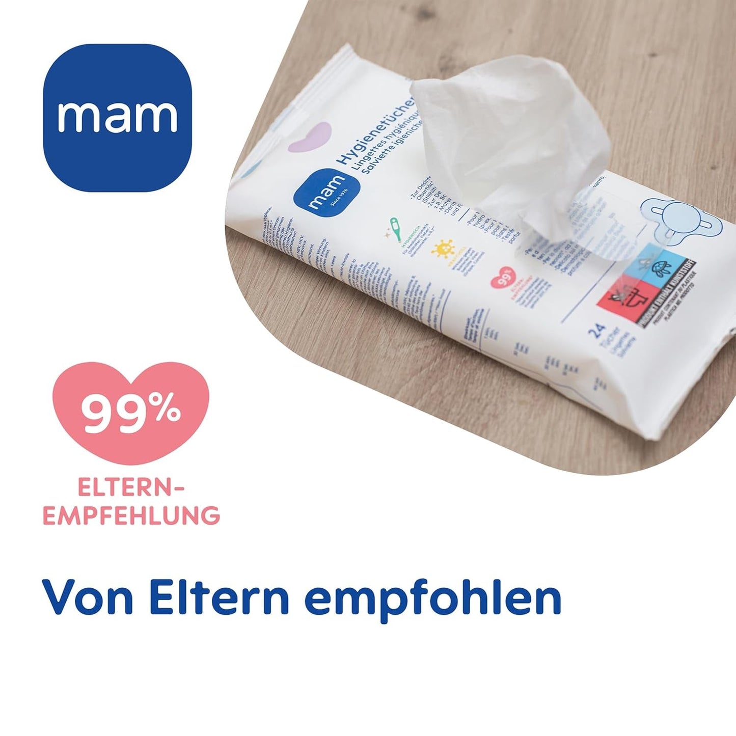 MAM maandverband 3-pack (3 x 24 stuks), schoonmaakdoekjes voor medische hulpmiddelen en babyaccessoires, antibacteriële en viruseffectieve maandverbanden