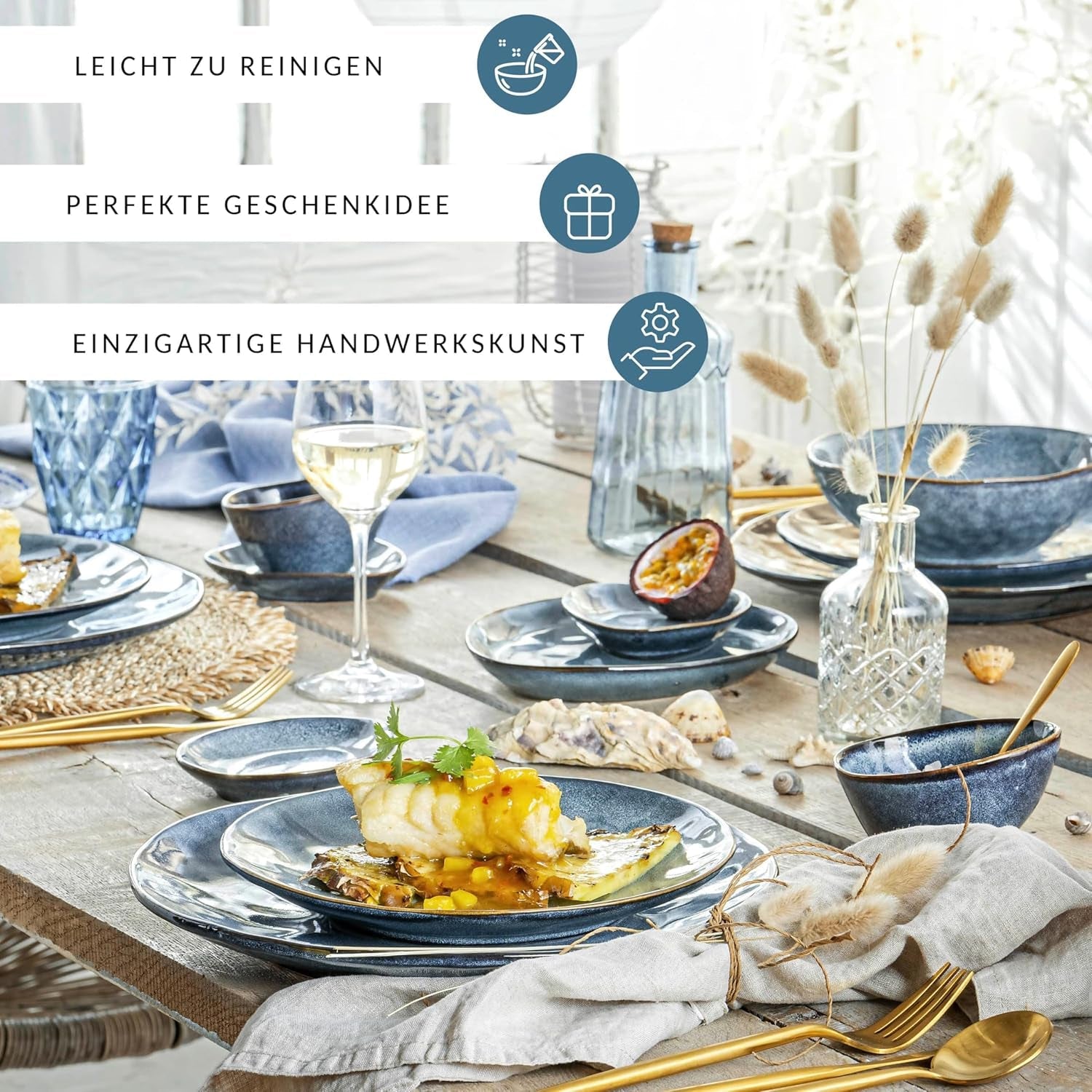 ZANGER | Darwin 12-delige serviesset, aardewerk serviesset voor 4 personen, blauwe serviesset inclusief dinerborden, dessertborden en soepborden, handgemaakte serviesset | DE PREMIUM COLLECTIE