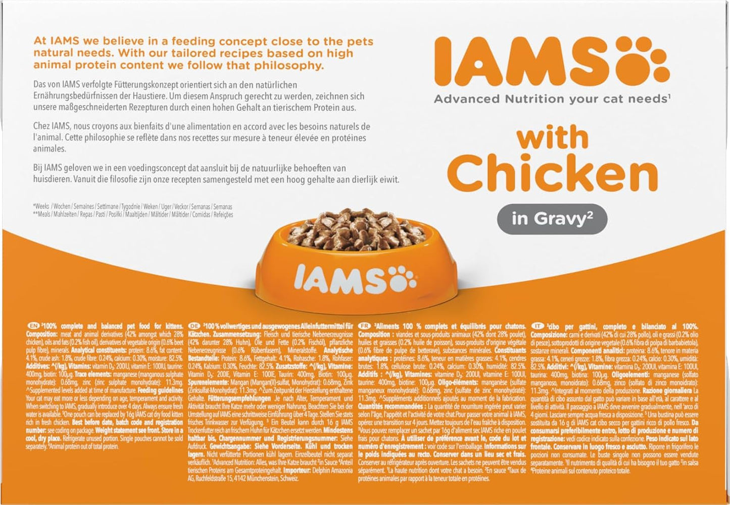 IAMS Delights Kitten Nassfutter - Multipack Katzenfutter mit Hunn in Sauce, hoogwaardige Futter für Junior Kätzchen von 1-12 Monate, 12 x 85 g