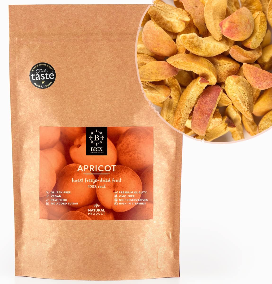 Gevriesdroogde abrikozen BRIX | Natuurlijke, gedroogde abrikozen 85 g | Great Taste Award voor gedroogd fruit, gedroogd | Niet-GMO, glutenvrij, veganistisch, geconserveerde vitaminen Naty Shop Gedehydrateerde producten Standaardtitel