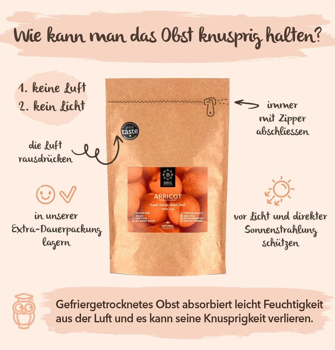 Gevriesdroogde abrikozen BRIX | Natuurlijke, gedroogde abrikozen 85 g | Great Taste Award voor gedroogd fruit, gedroogd | Niet-GMO, glutenvrij, veganistisch, geconserveerde vitaminen Naty Shop gedehydrateerde producten