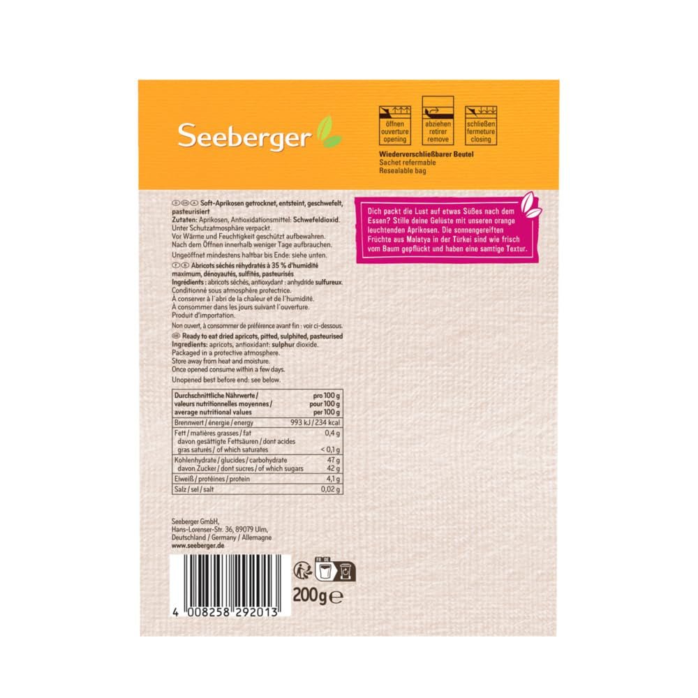 Seeberger Zachte Abrikozen: Heerlijk zachte en sappige abrikozen - zoete en fluweelzachte textuur - geen toegevoegde suikers - gedroogd - ontpit, vegan (1 x 200g) Gedroogde producten Naty Shop
