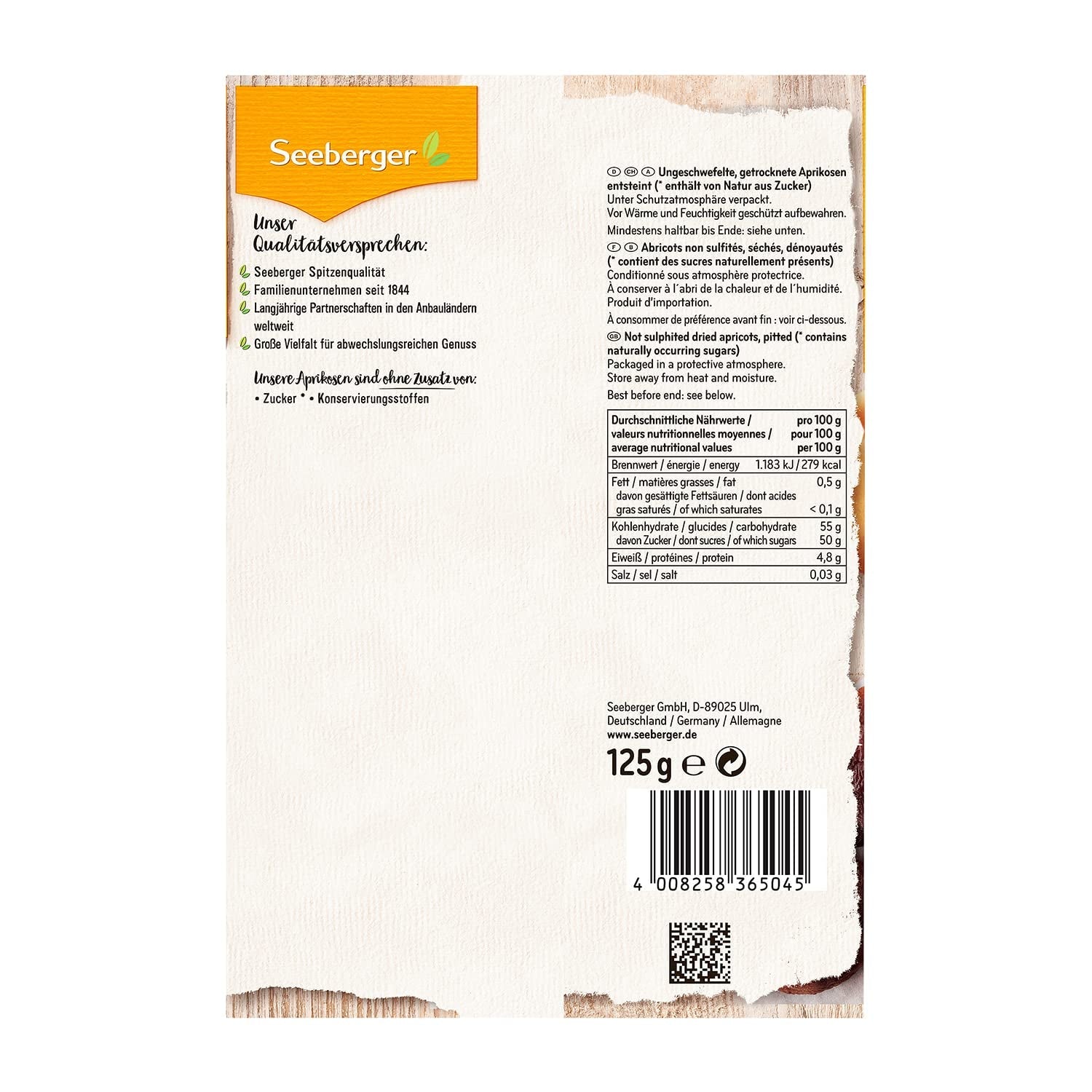 Seeberger Ongezwavelde Abrikozen: Onbehandelde gedroogde abrikozen met een zoete, fruitige smaak - geen toegevoegde suikers - ontpit, veganistisch (1 x 125g) Naty Shop Gedehydrateerde producten