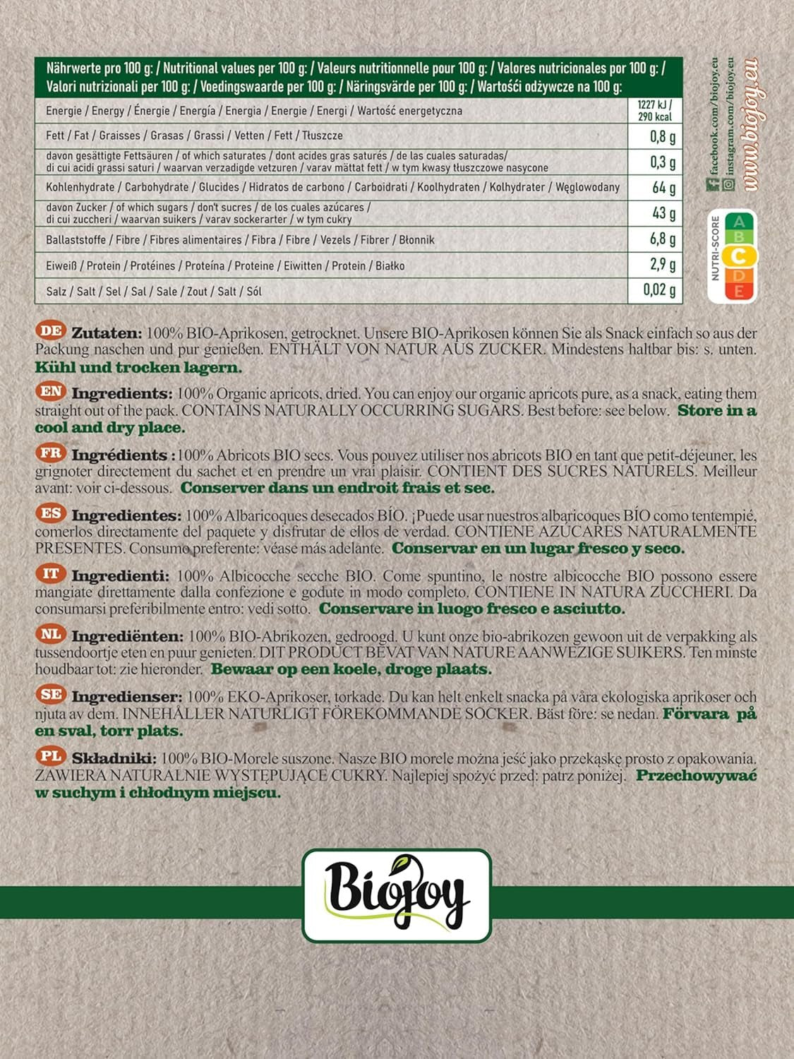 Biojoy gedroogde abrikozen (500 g), ongezwaveld Gedroogde producten Mijn winkel