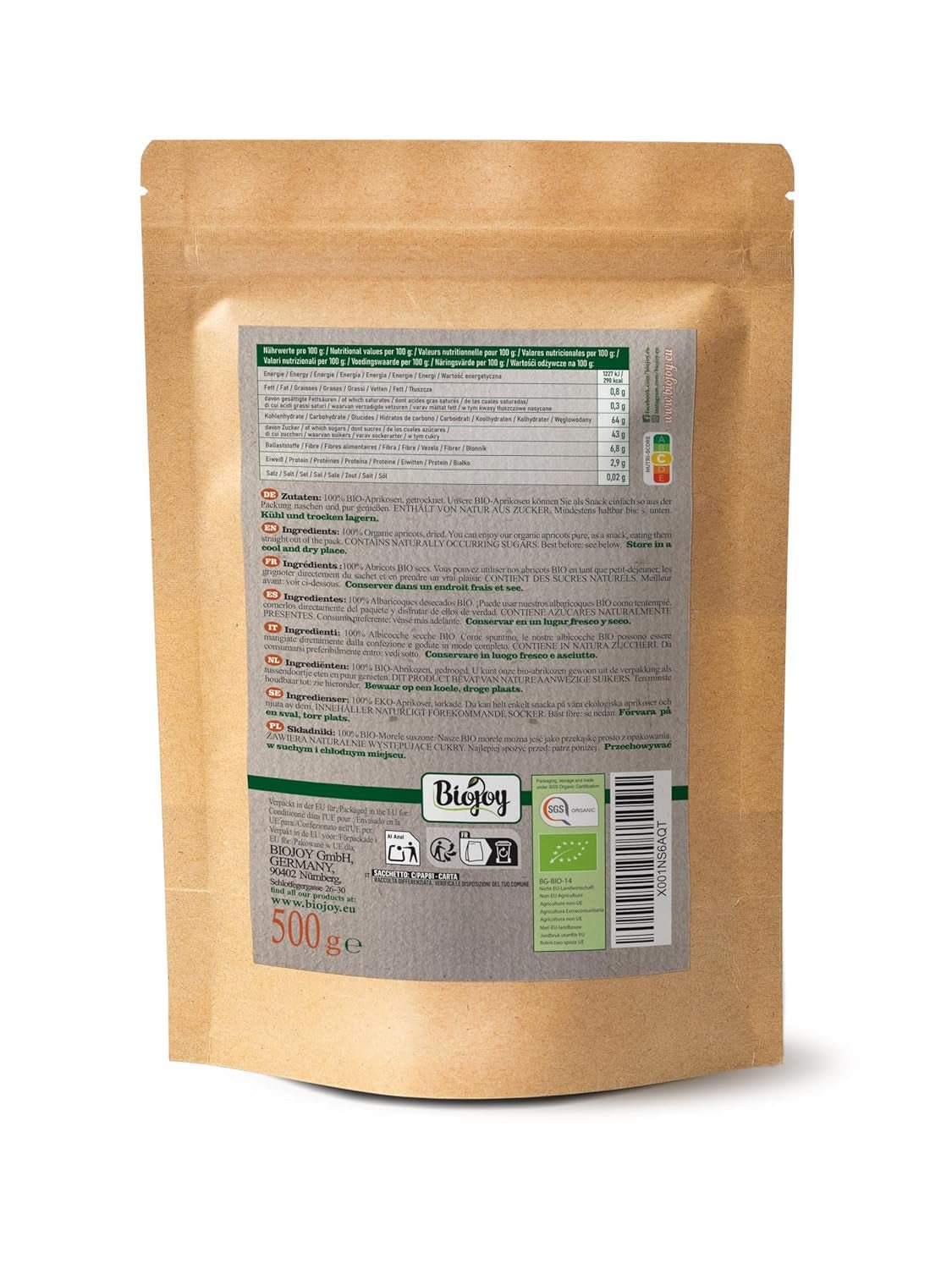 Biojoy gedroogde abrikozen (500 g), ongezwaveld Gedroogde producten Mijn winkel