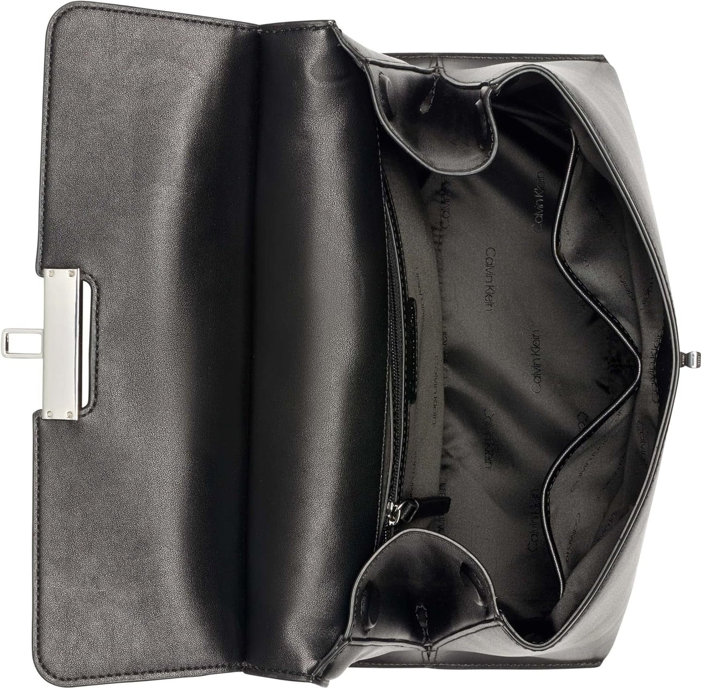 Calvin Klein Dames Turn Lock Satchel - 2 in 1, Veganistisch Leer, 3 Zakken Becky Turnlock Schoudertas, Zwart/Zilver Damestassen Naty Shop