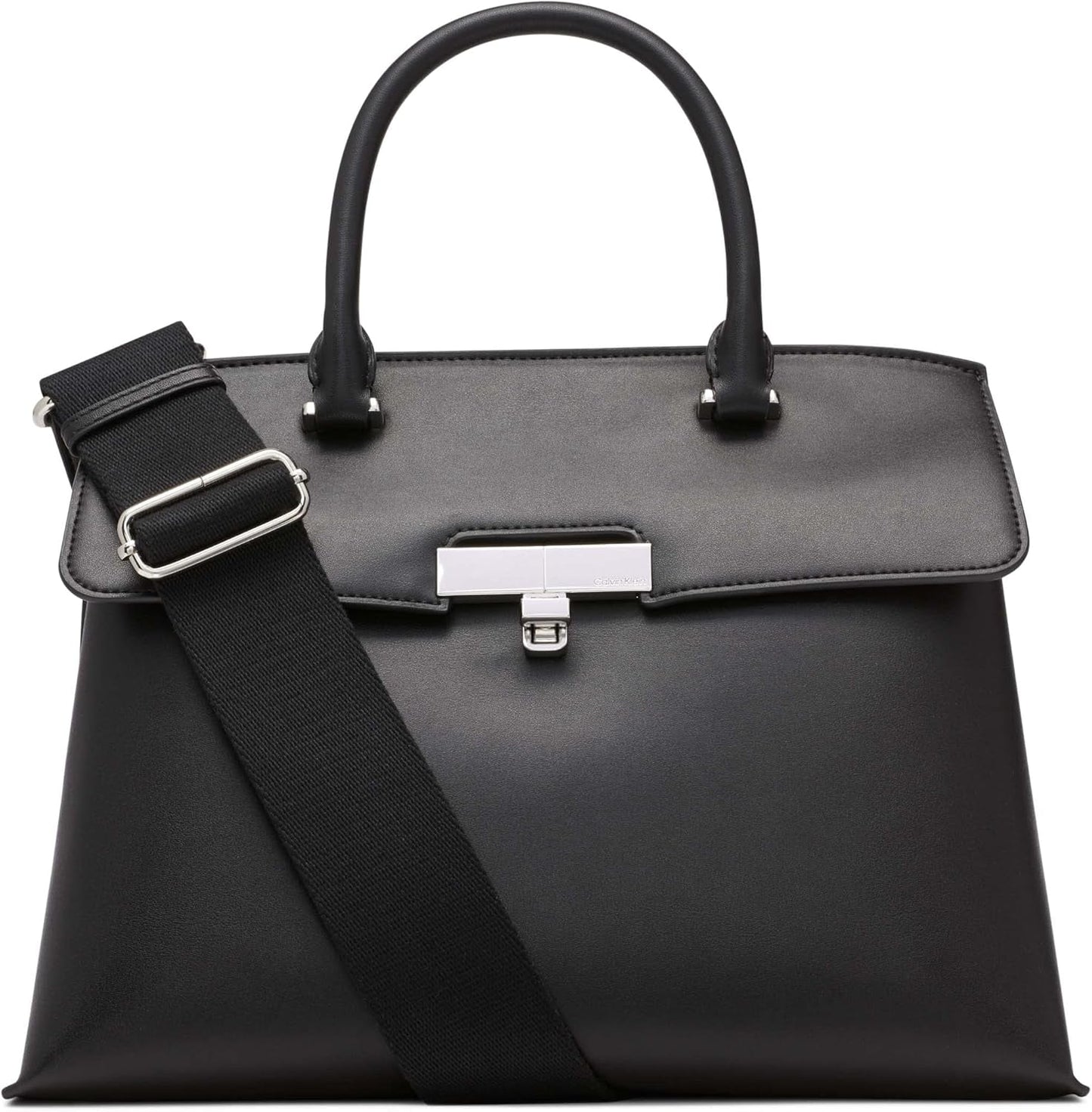Calvin Klein Dames Turn Lock Satchel - 2 in 1 Veganistisch Leer 3 Zakken Becky Turnlock Schoudertas Zwart/Zilver Damestassen Naty Shop Standaardtitel