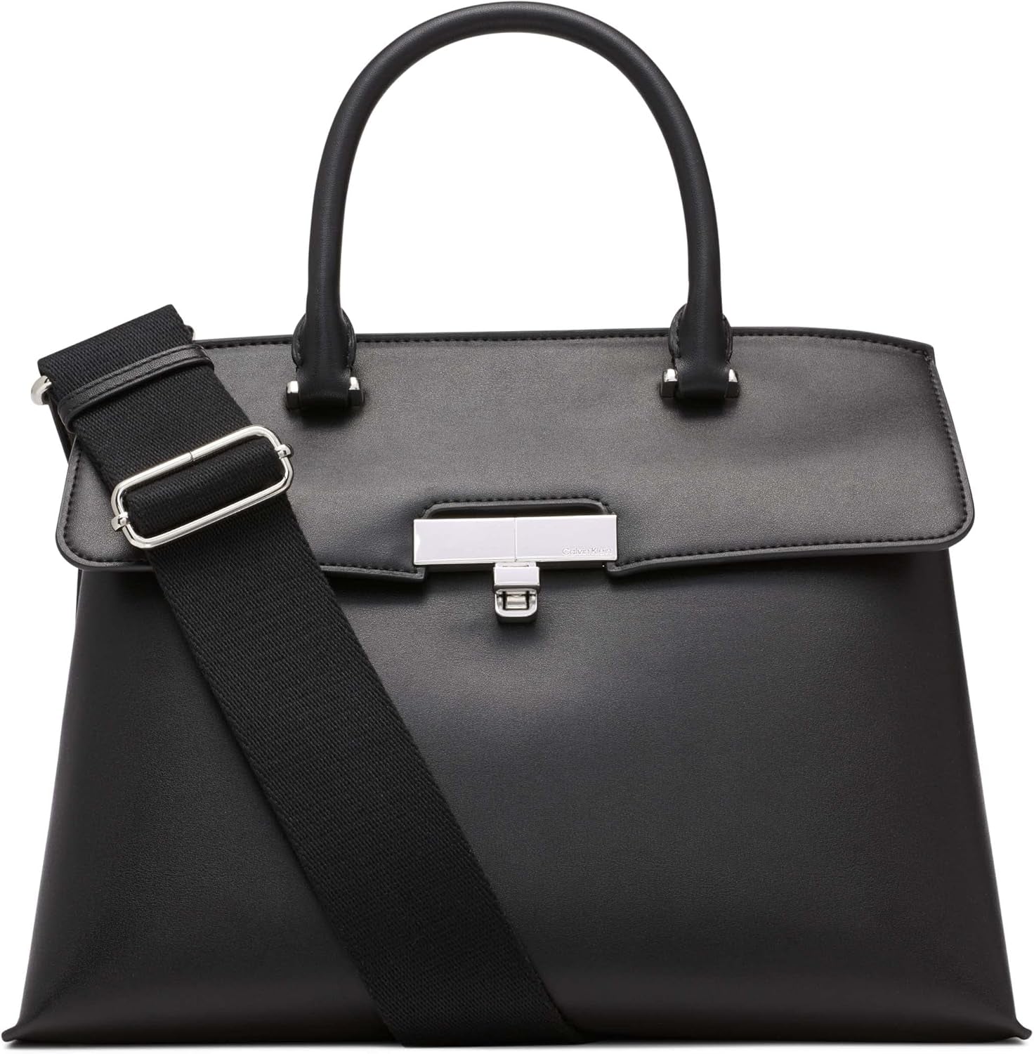 Calvin Klein Dames Turn Lock Satchel - 2 in 1 Veganistisch Leer 3 Zakken Becky Turnlock Schoudertas Zwart/Zilver Damestassen Naty Shop Standaardtitel