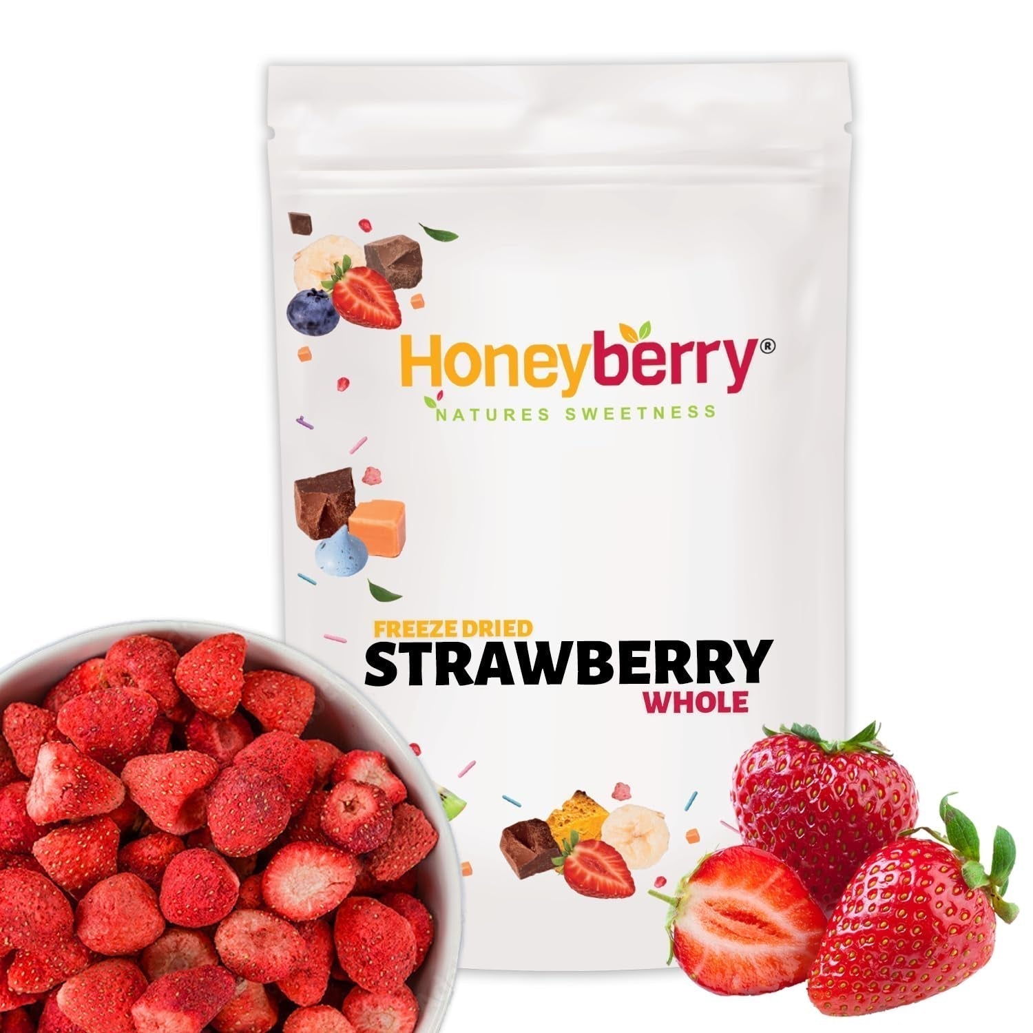Gevriesdroogde hele aardbeien 100g - Gevriesdroogd fruit - Gevriesdroogd gedroogd fruit - Gedroogde aardbeien - Ideaal voor het bakken, decoreren van taarten, snacks, muesli en desserts Gedroogde producten Naty Shop 100G