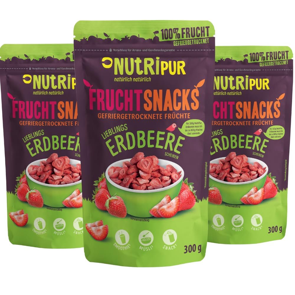 Gevriesdroogde Aardbeien 300g: Ongezoete Gedroogde Aardbeienschijfjes - Puur Fruit Gevriesdroogde Aardbeien Vol Smaak: Gevriesdroogde Bessen - NUTRIPUR Gedroogd Fruit Naty Shop Gedehydrateerde Producten 300G (Pack van 3) Aardbeien