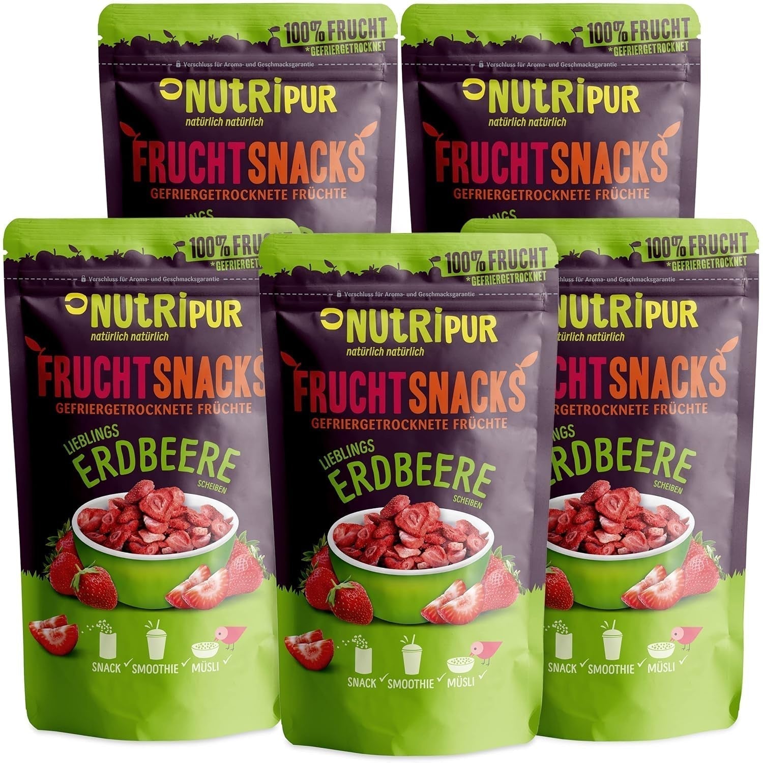 Gevriesdroogde Aardbeien 300g: Ongezoete Gedroogde Aardbeienschijfjes - Gevriesdroogde Aardbeien met Puur Fruit, Vol van Smaak: Gevriesdroogde Bessen - NUTRIPUR Gedroogd Fruit Naty Shop Gedehydrateerde Producten 70G (Pak van 5) Aardbeien