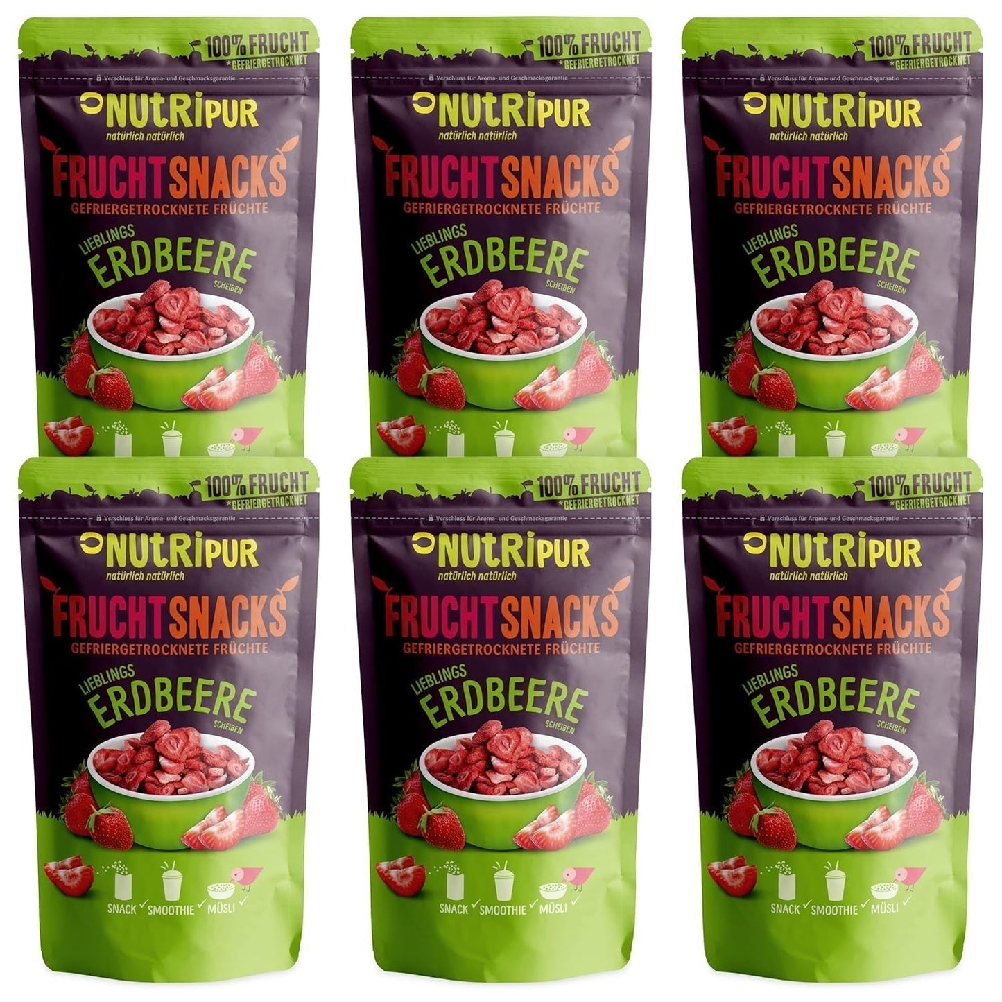 Gevriesdroogde Aardbeien 300g: Ongezoete Gedroogde Aardbeienschijfjes - Gevriesdroogde Aardbeien met Puur Fruit, Vol van Smaak: Gevriesdroogde Bessen - NUTRIPUR Gedroogd Fruit Naty Shop Gedehydrateerde Producten 25G (Pak van 6) Aardbeien