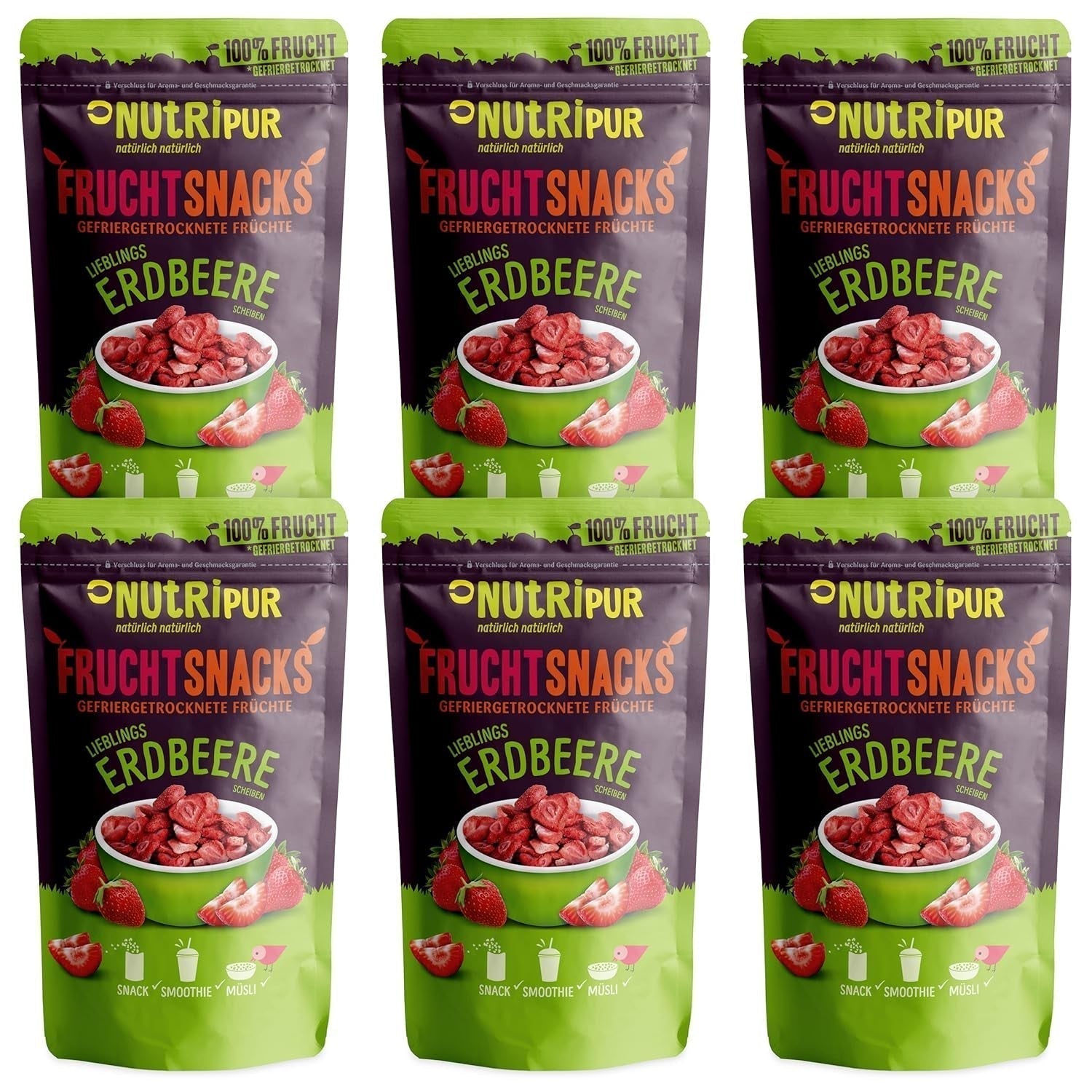 Gevriesdroogde Aardbeien 300g: Ongezoete Gedroogde Aardbeienschijfjes - Gevriesdroogde Aardbeien met Puur Fruit, Vol van Smaak: Gevriesdroogde Bessen - NUTRIPUR Gedroogd Fruit Naty Shop Gedehydrateerde Producten 25G (Pak van 6) Aardbeien