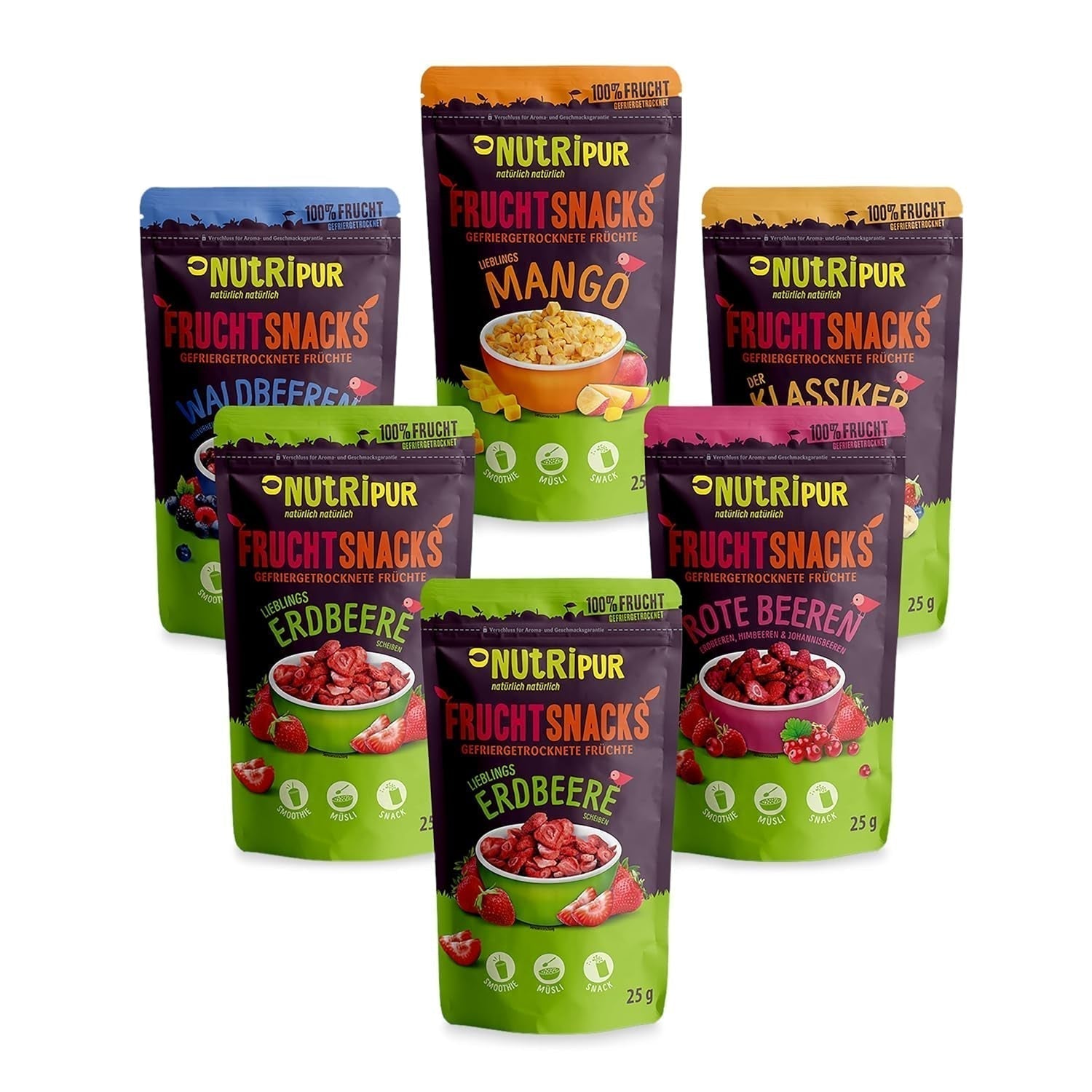 Gevriesdroogde Aardbeien 300g: Ongezoete Gedroogde Aardbeienschijfjes - Puur Fruit Gevriesdroogde Aardbeien Vol Smaak: Gevriesdroogde Bessen - NUTRIPUR Gedroogd Fruit Naty Shop Gedehydrateerde Producten 25 G (Pak van 6) Fruitmix