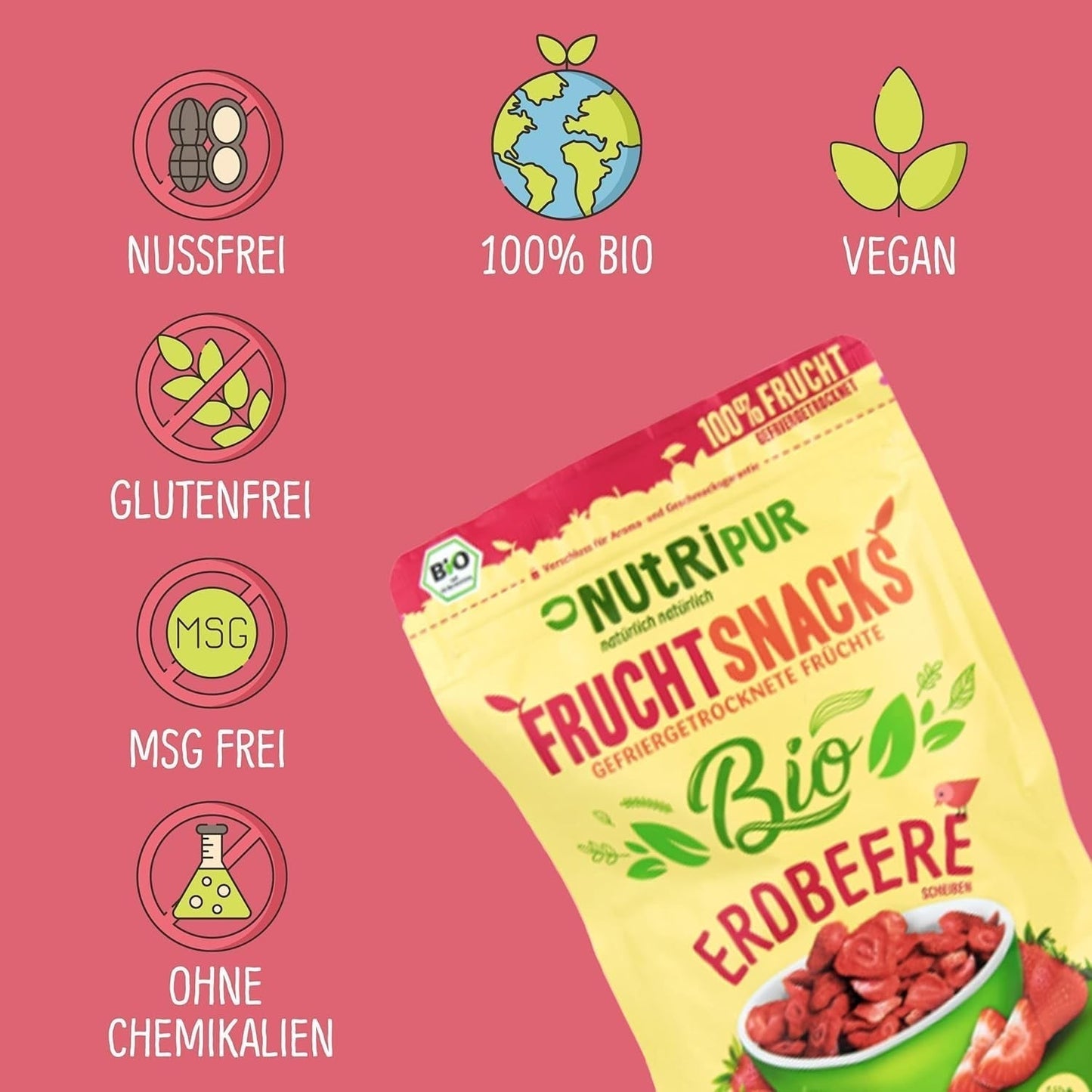 Biologische gevriesdroogde aardbeien: 70g gedroogde aardbeien voor smoothie bowls, muesli, paptoppings - gevriesdroogde bessen zonder toegevoegde suiker - gevriesdroogde aardbeien - NutriPur fruit Gedroogde producten Naty Shop