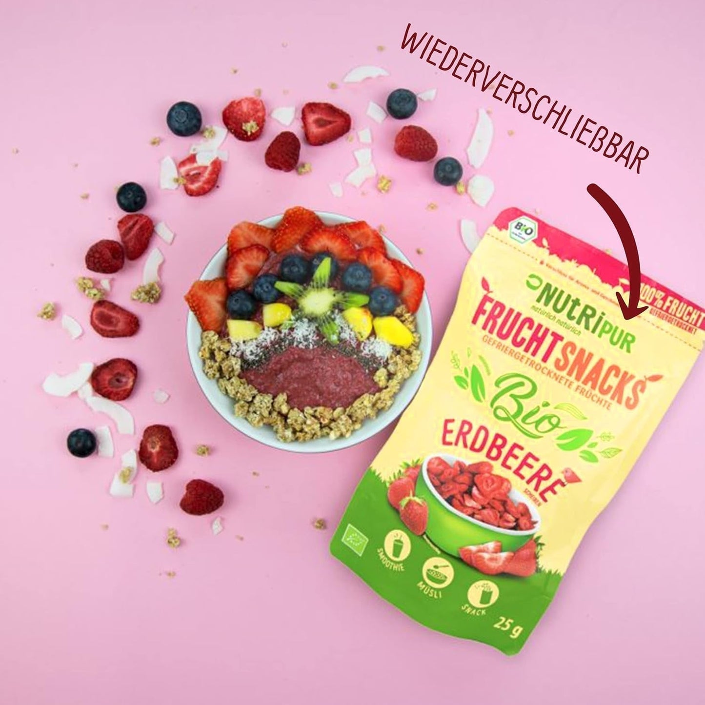 Biologische gevriesdroogde aardbeien: 70g gedroogde aardbeien voor smoothie bowls, muesli, paptoppings - gevriesdroogde bessen zonder toegevoegde suiker - gevriesdroogde aardbeien - NutriPur fruit Gedroogde producten Naty Shop